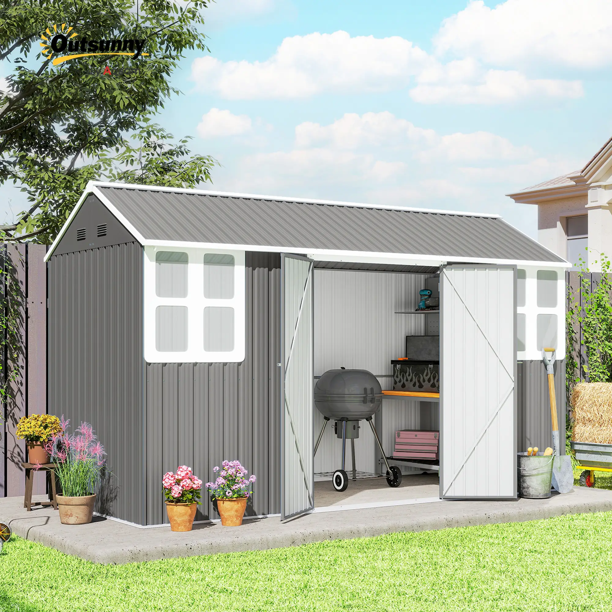 12' x 5.5' Metal Garden Storage Shed, Lockable Door, Light Grey - Image 8