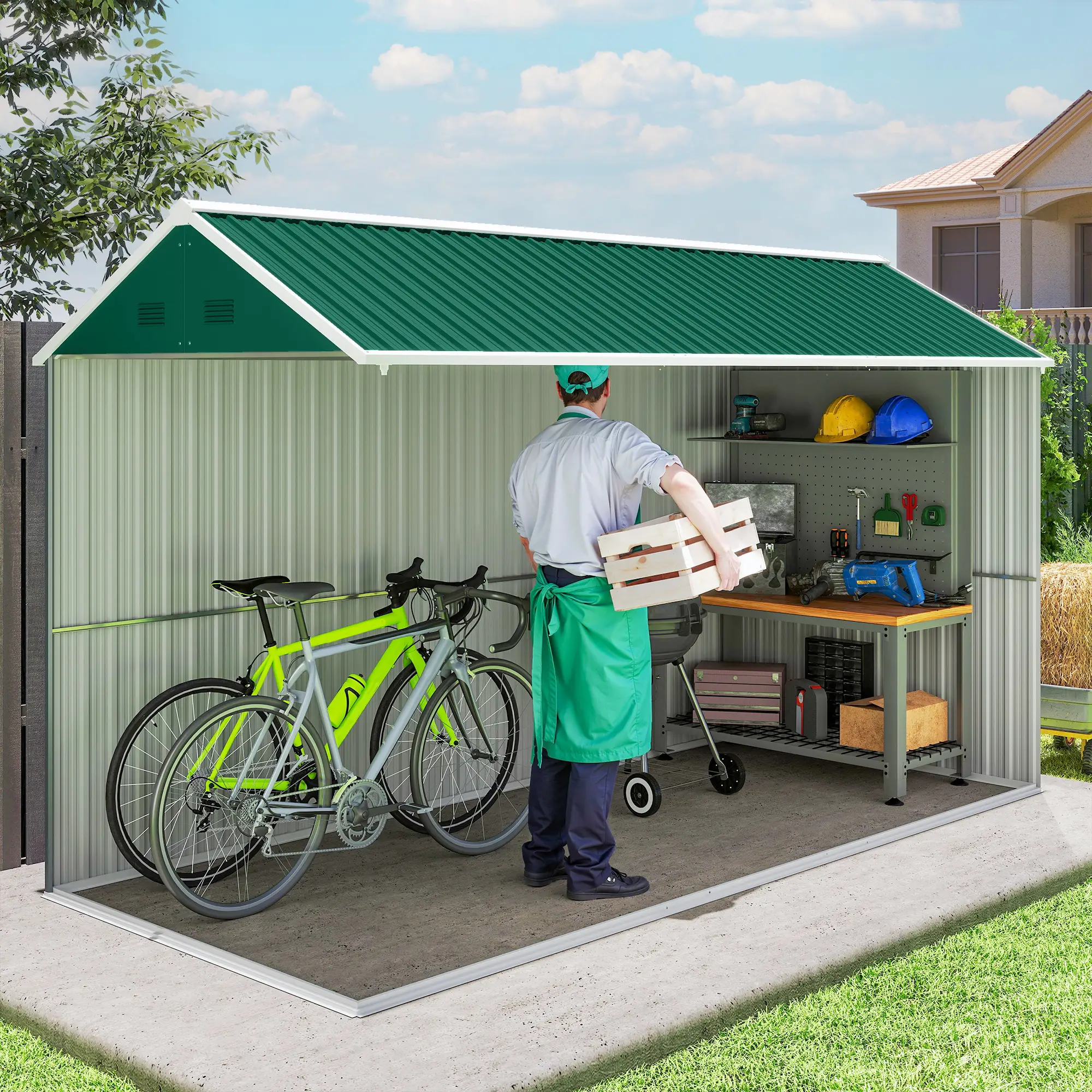 12' x 5.5' Metal Storage Shed, Outdoor Tool House, Green - Image 10