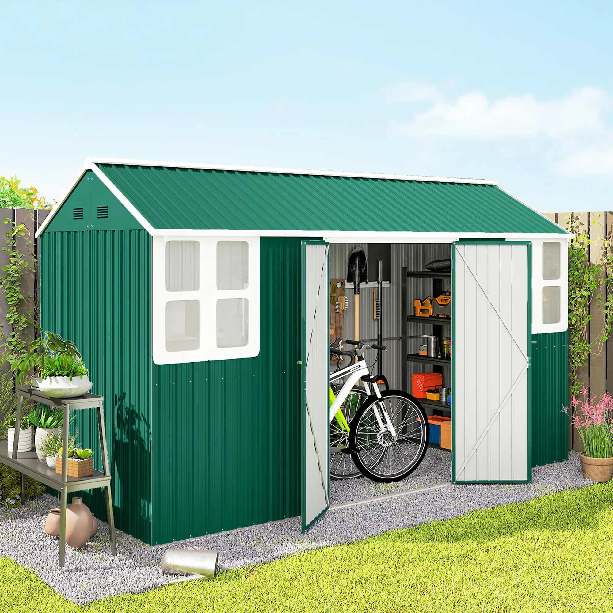 12' x 5.5' Metal Storage Shed, Outdoor Tool House, Green - Image 2