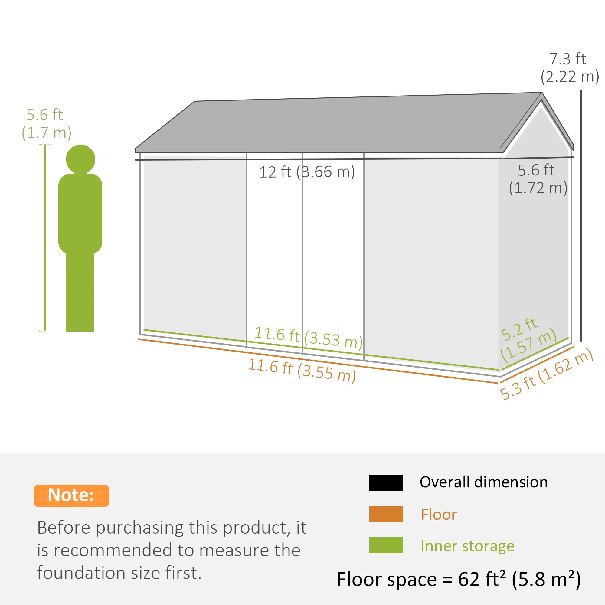 12' x 5.5' Metal Storage Shed, Outdoor Tool House, Green - Image 3