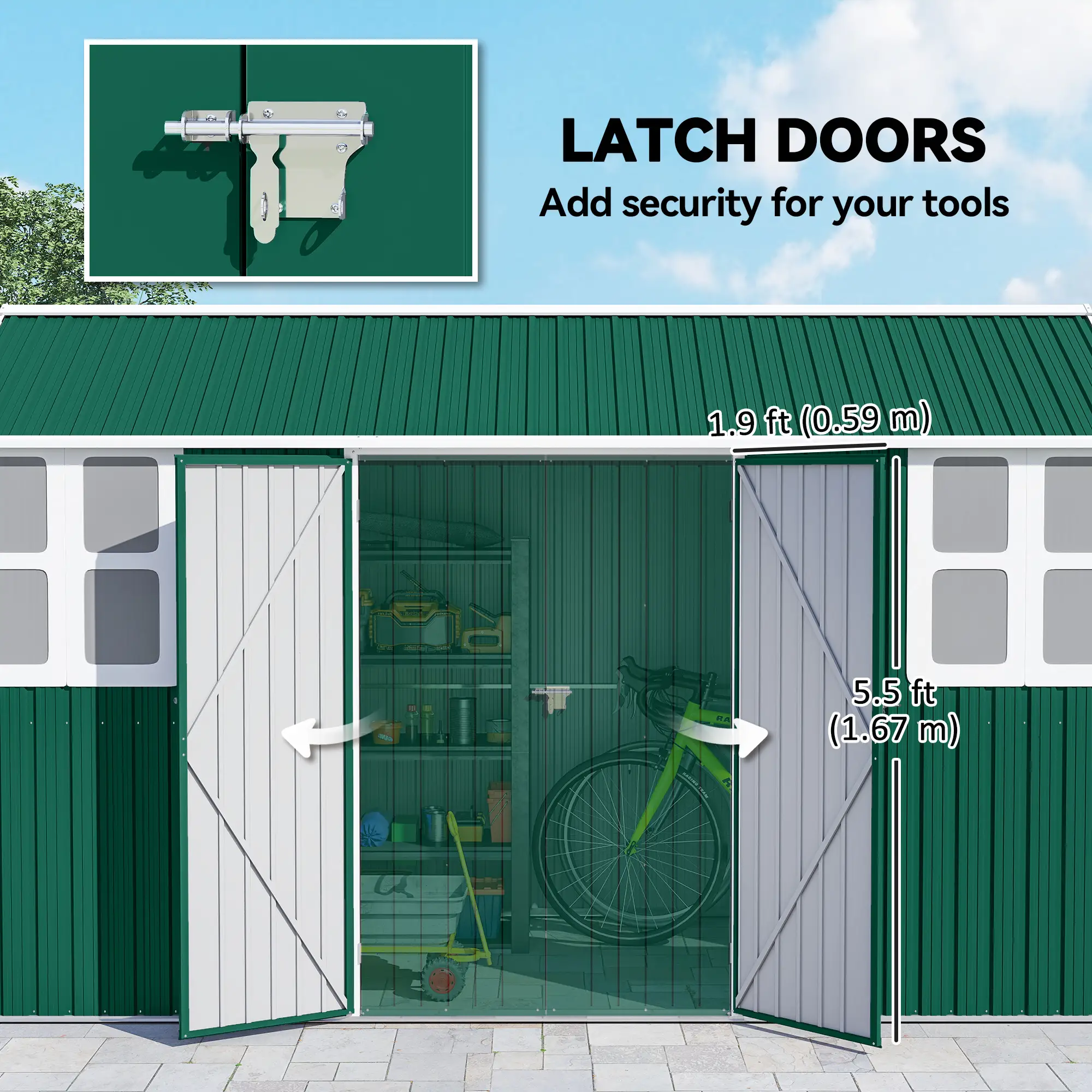 12' x 5.5' Metal Storage Shed, Outdoor Tool House, Green - Image 7