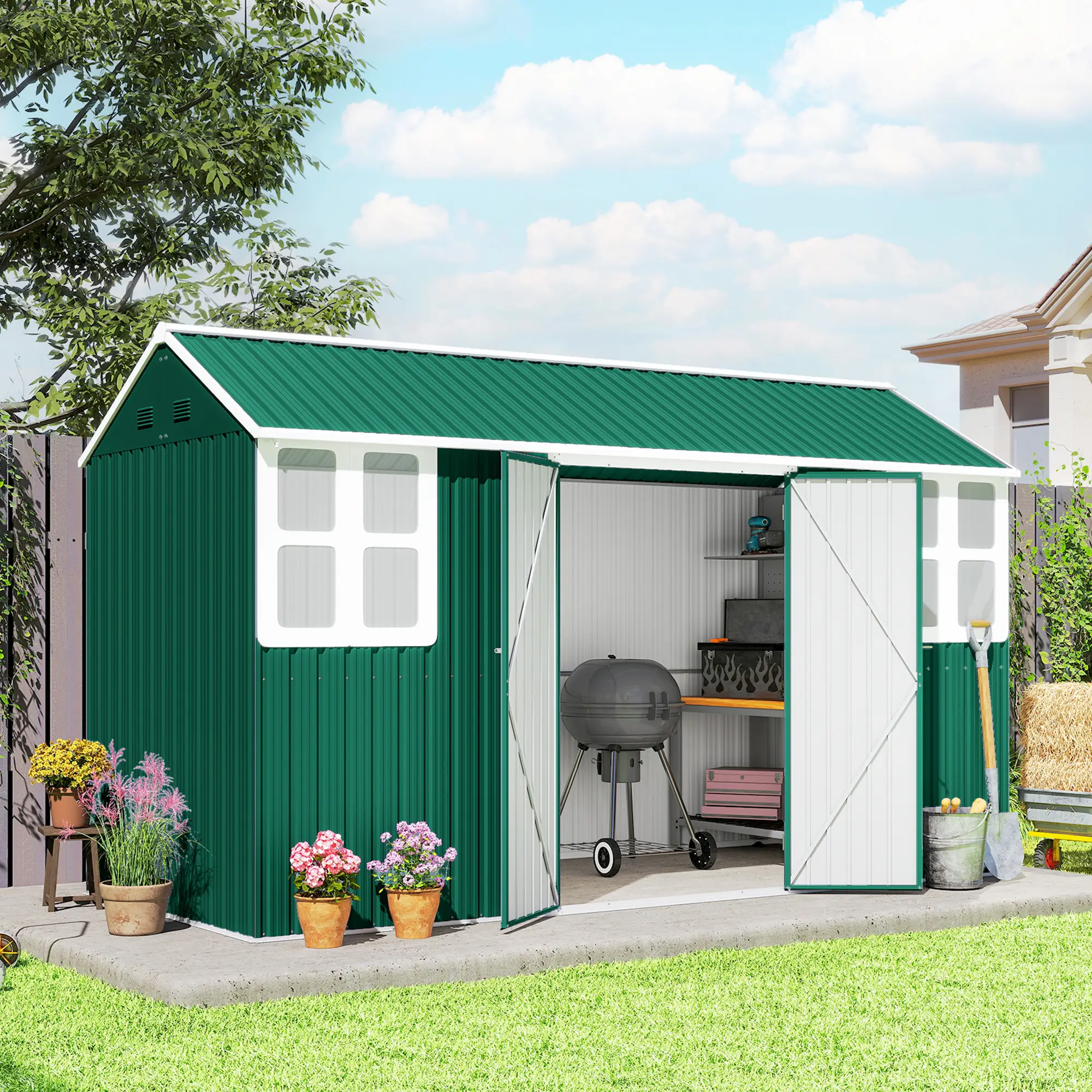 12' x 5.5' Metal Storage Shed, Outdoor Tool House, Green - Image 8