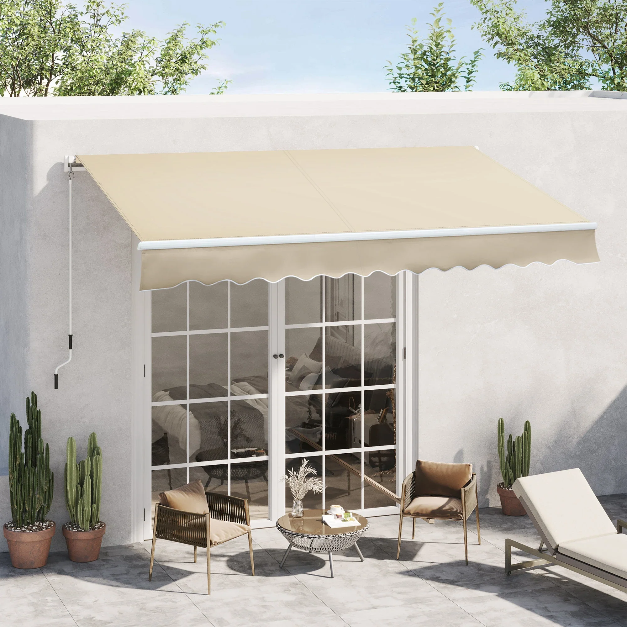 12' x 8' Retractable Patio Awning, Manual Crank Handle, UV Water-Resistant, Cream - Image 2