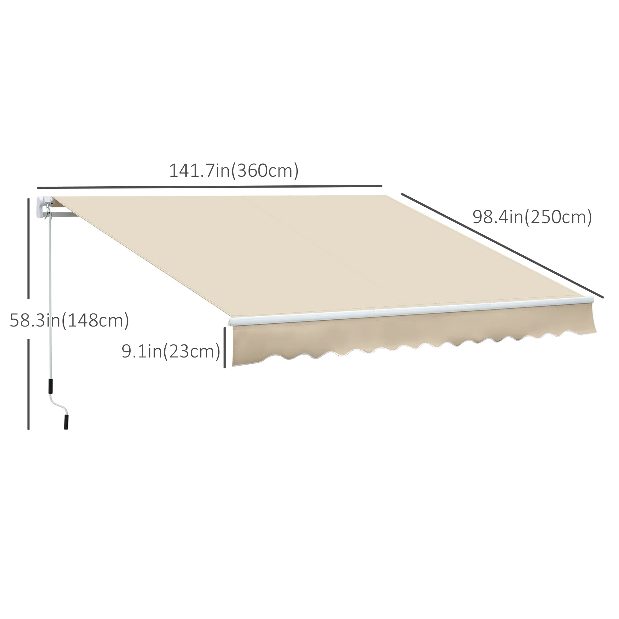 12' x 8' Retractable Patio Awning, Manual Crank Handle, UV Water-Resistant, Cream - Image 3