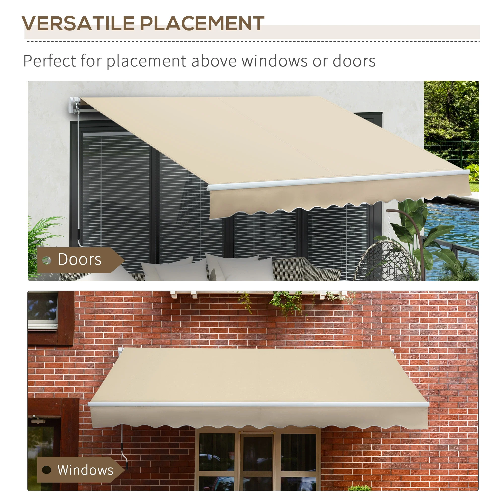 12' x 8' Retractable Patio Awning, Manual Crank Handle, UV Water-Resistant, Cream - Image 5