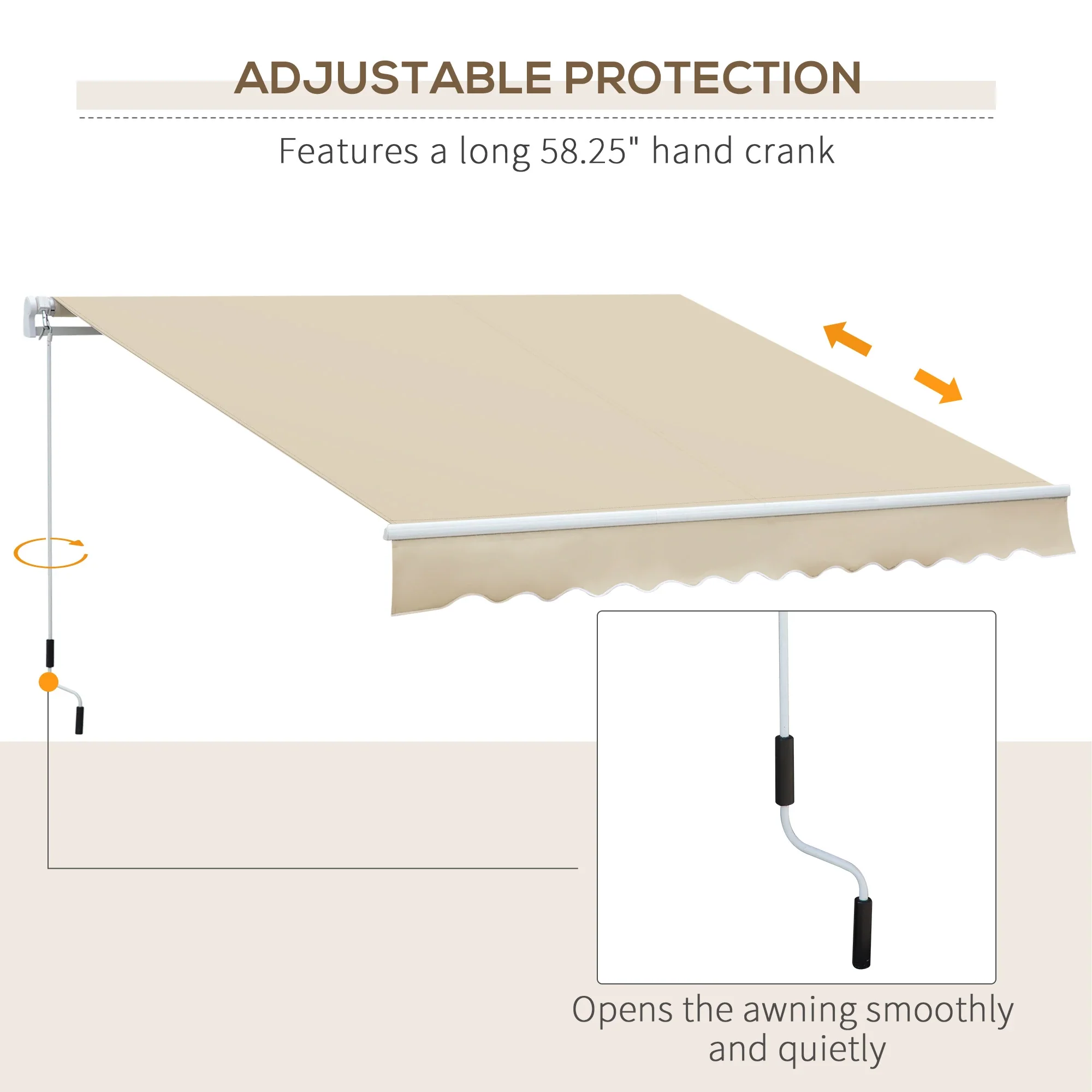 12' x 8' Retractable Patio Awning, Manual Crank Handle, UV Water-Resistant, Cream - Image 6