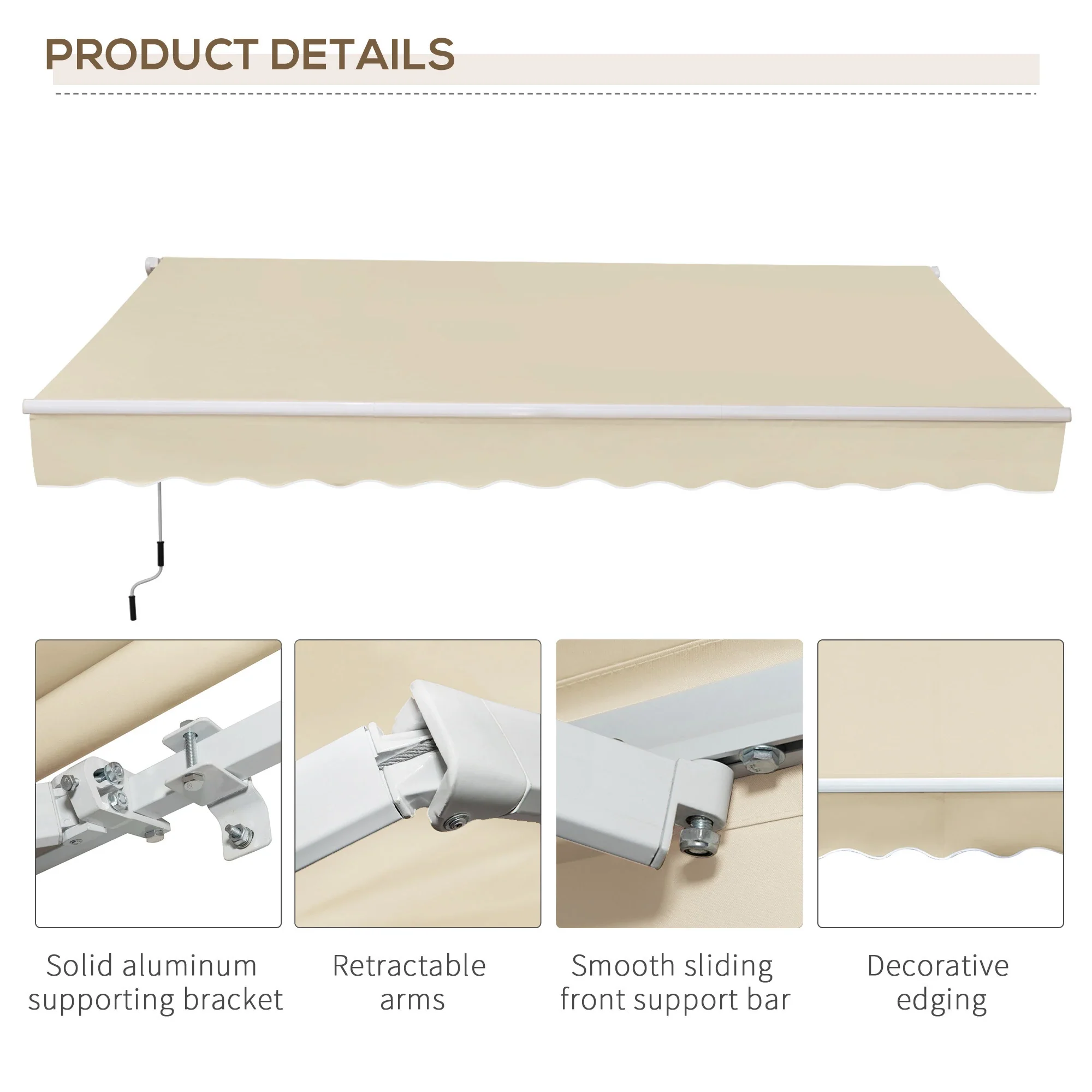 12' x 8' Retractable Patio Awning, Manual Crank Handle, UV Water-Resistant, Cream - Image 7