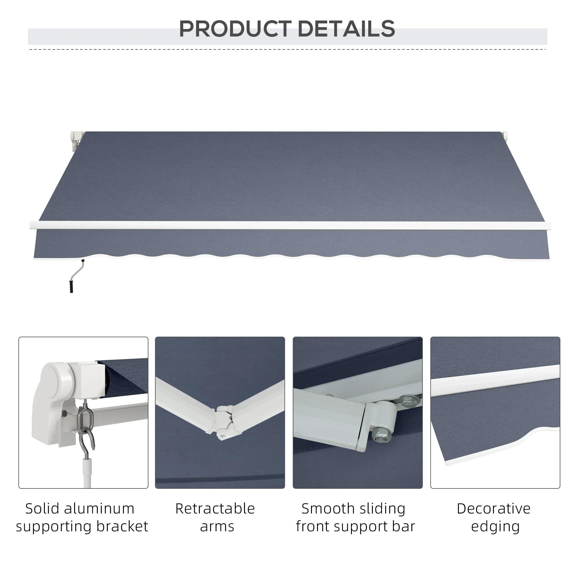 12' x 8' Retractable Patio Awning, Manual Crank, UV Water-Resistant, Grey - Image 7