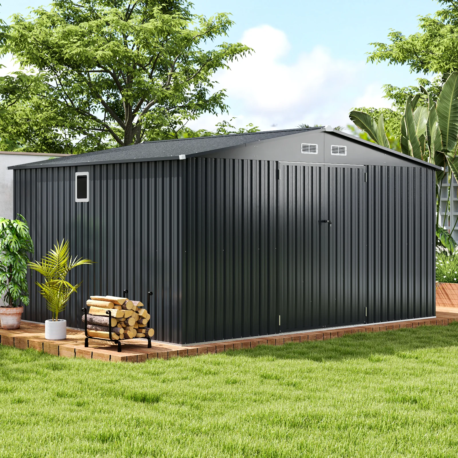 12 x 9.8 Feet Outdoor Storage Shed, Lockable Door, Pitched Roof, Gray - Image 2