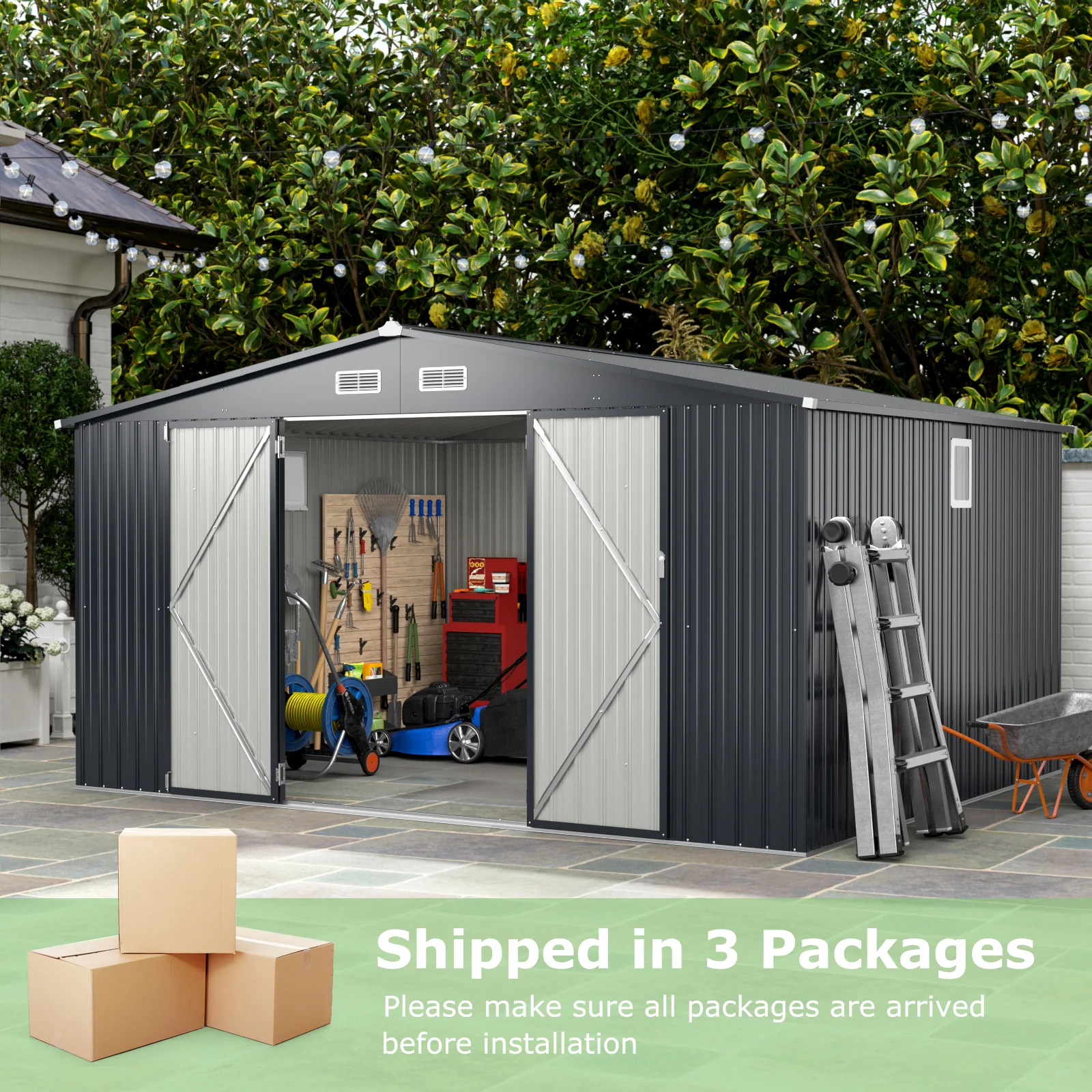 12 x 9.8 Feet Outdoor Storage Shed, Lockable Door, Pitched Roof, Gray - Image 3