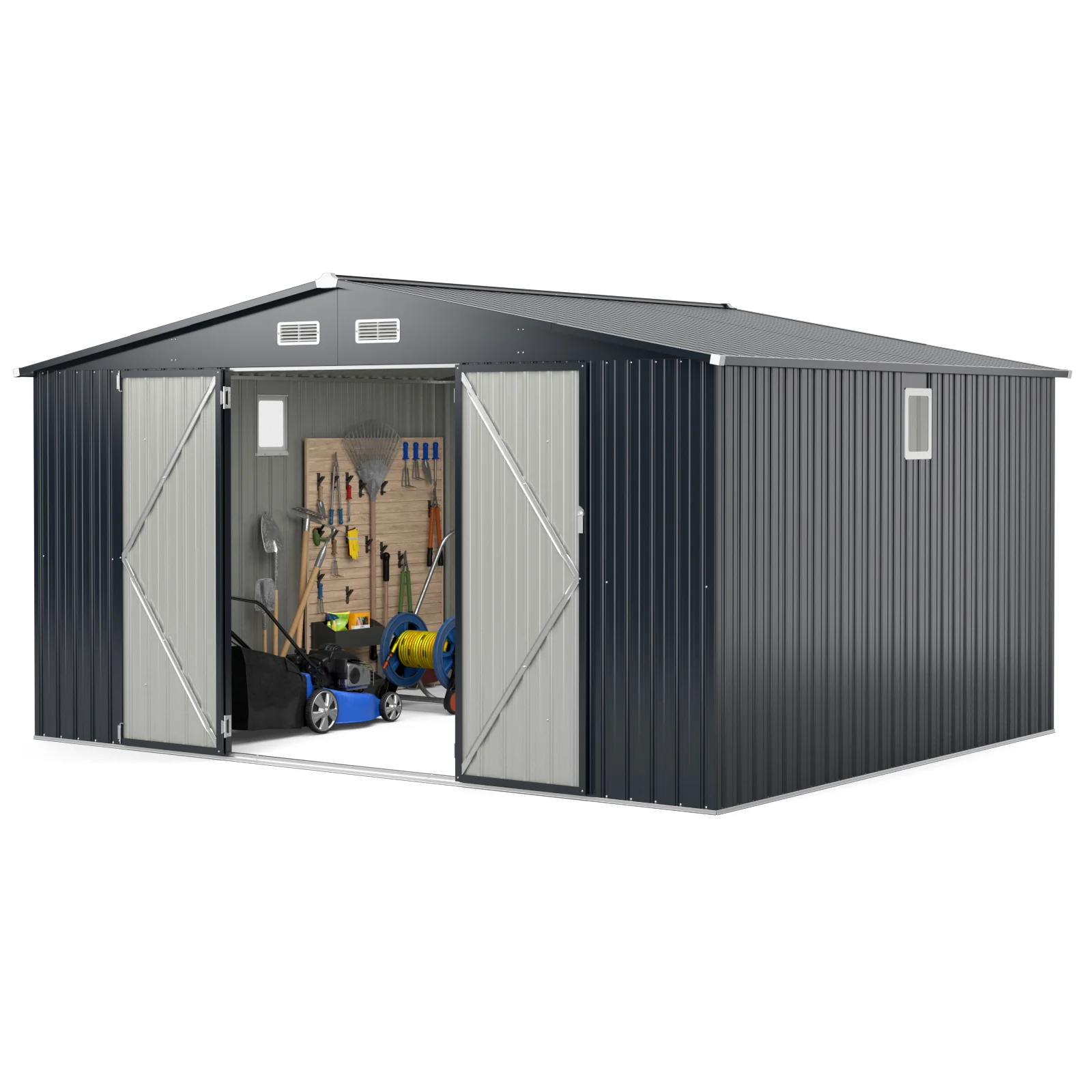 12 x 9.8 Feet Outdoor Storage Shed, Lockable Door, Pitched Roof, Gray - Image 5