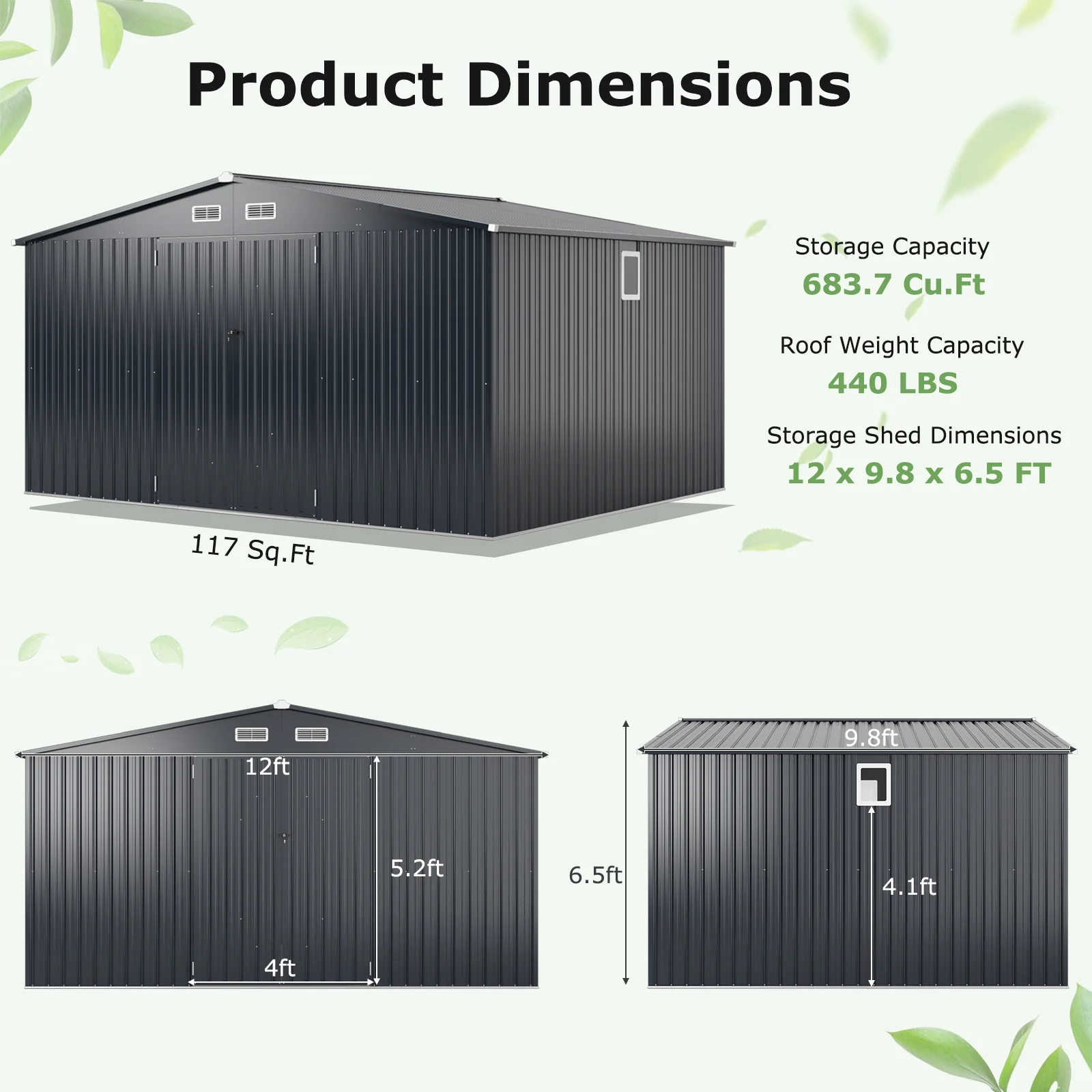 12 x 9.8 Feet Outdoor Storage Shed, Lockable Door, Pitched Roof, Gray - Image 6