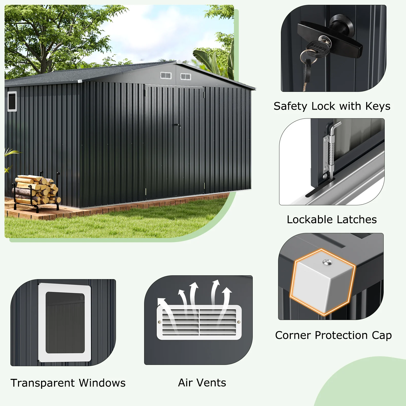 12 x 9.8 Feet Outdoor Storage Shed, Lockable Door, Pitched Roof, Gray - Image 9