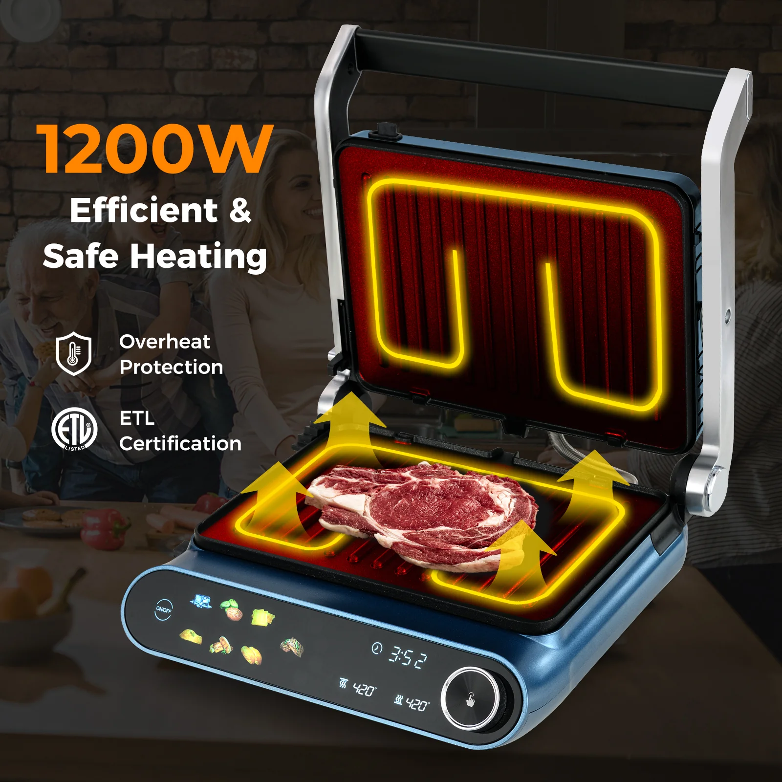 1200W Panini Press Grill, LED Display, 7 Grilling Modes, Blue - Image 10