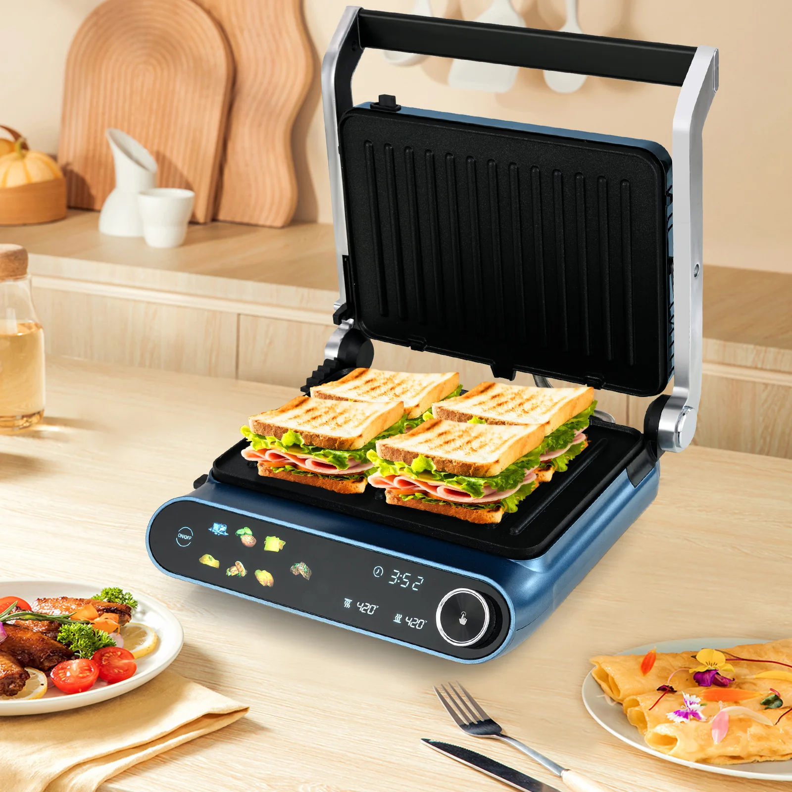 1200W Panini Press Grill, LED Display, 7 Grilling Modes, Blue - Image 2