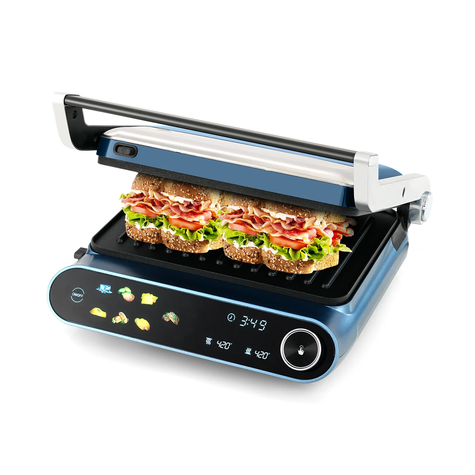 1200W Panini Press Grill, LED Display, 7 Grilling Modes, Blue - Image 4