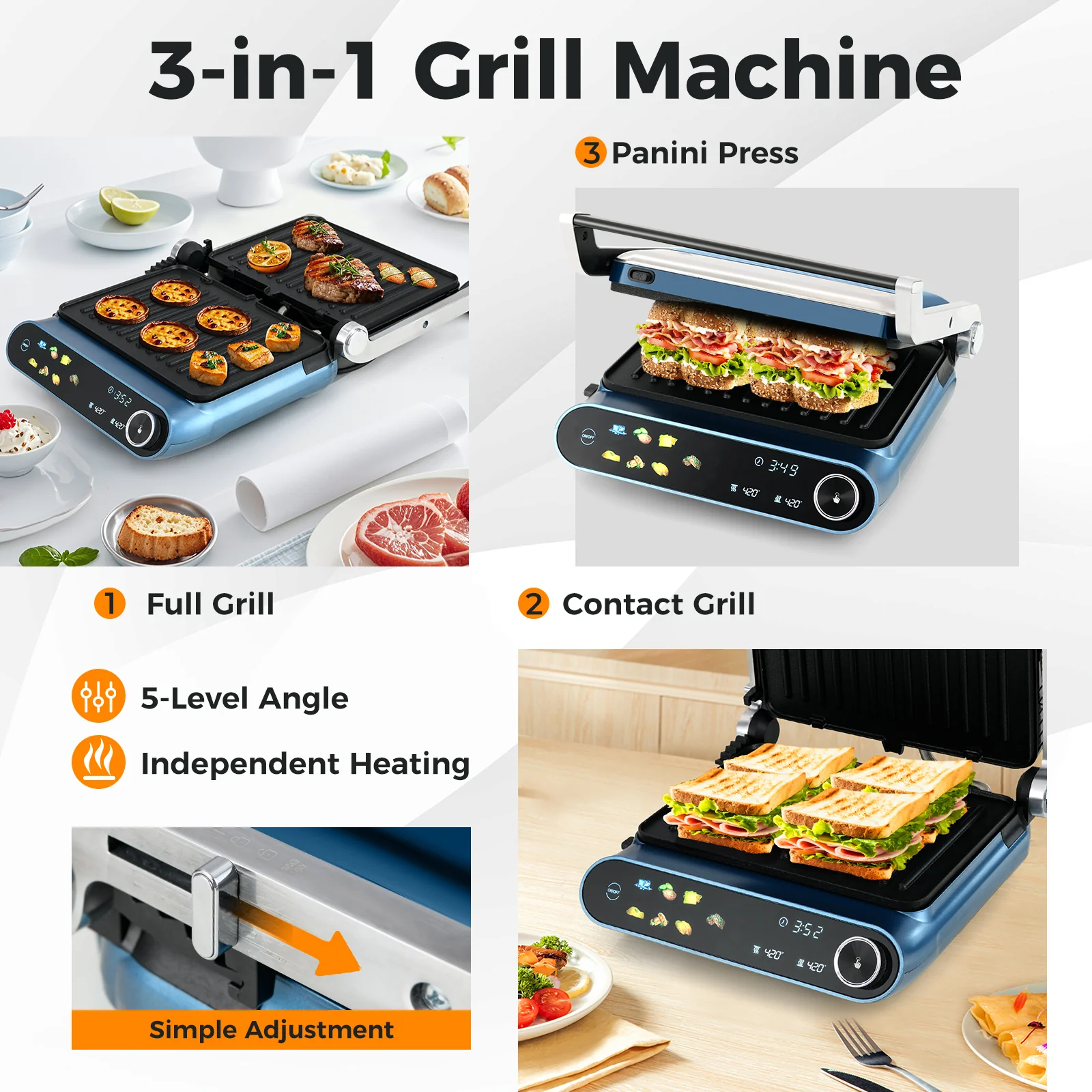 1200W Panini Press Grill, LED Display, 7 Grilling Modes, Blue - Image 6