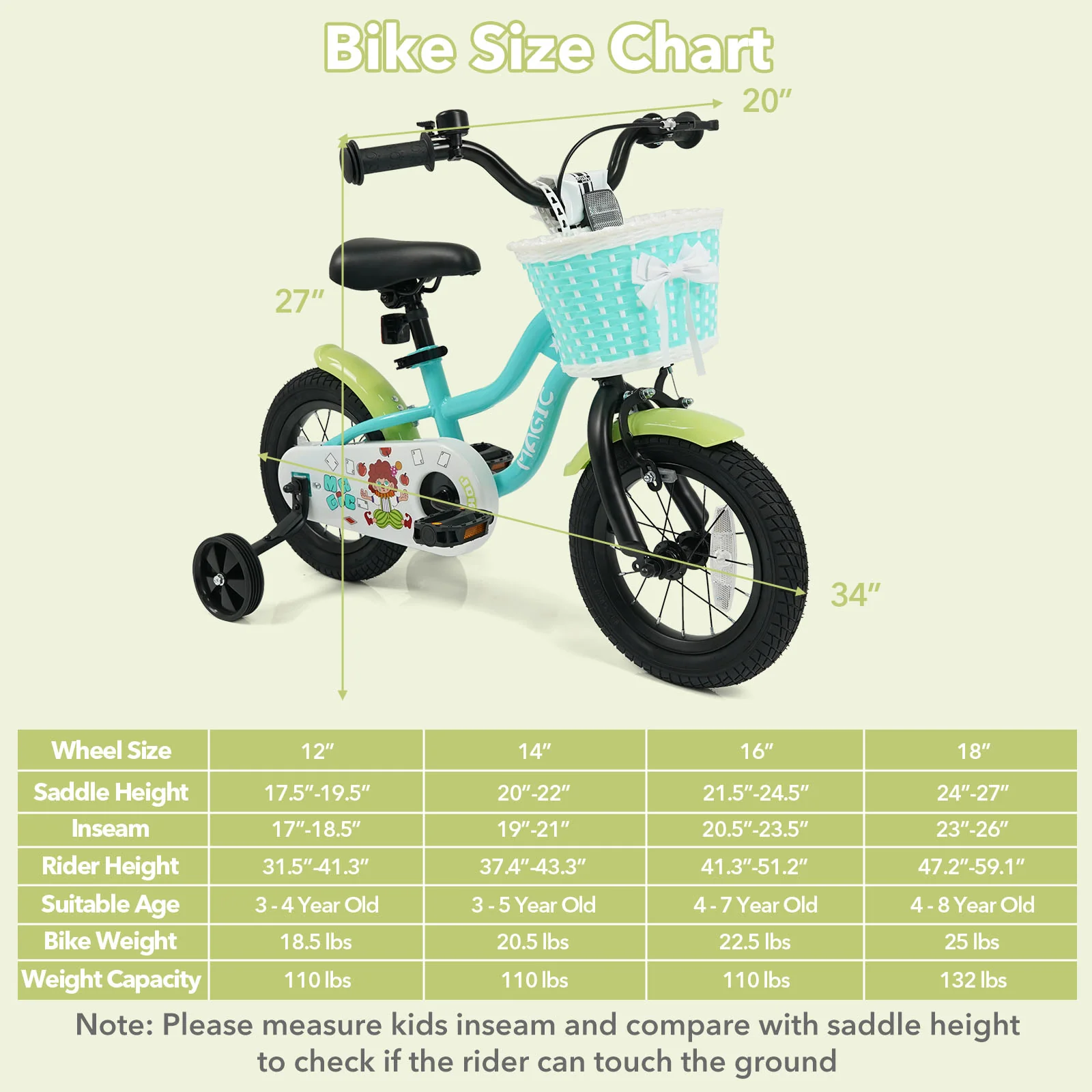 12/14/16 Inch Kids Bike with Training Wheels and Basket Green Color-12 - Image 5