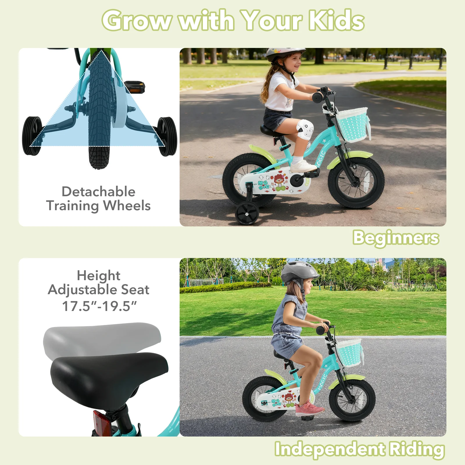12/14/16 Inch Kids Bike with Training Wheels and Basket Green Color-12 - Image 7