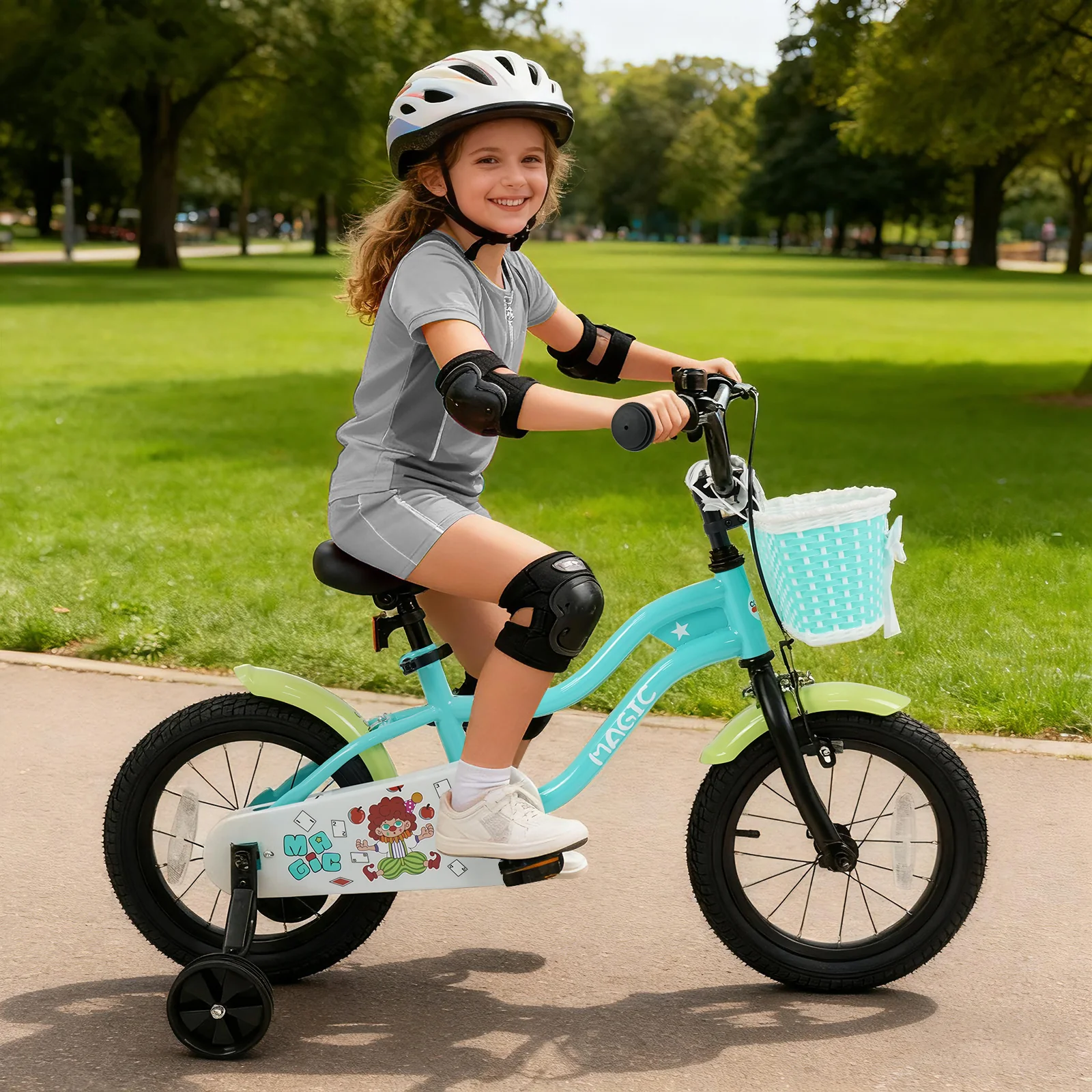 12/14/16 Inch Kids Bike with Training Wheels and Basket Green Color-14 - Image 2