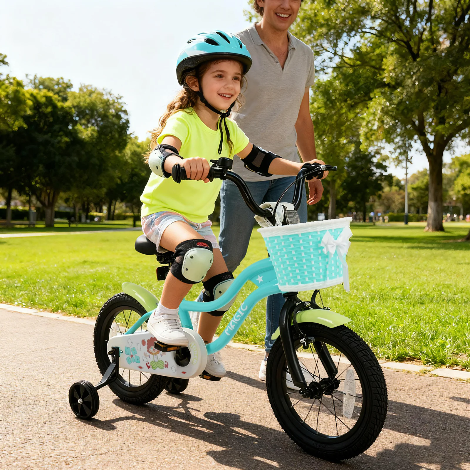 12/14/16 Inch Kids Bike with Training Wheels and Basket Green Color-14 - Image 3