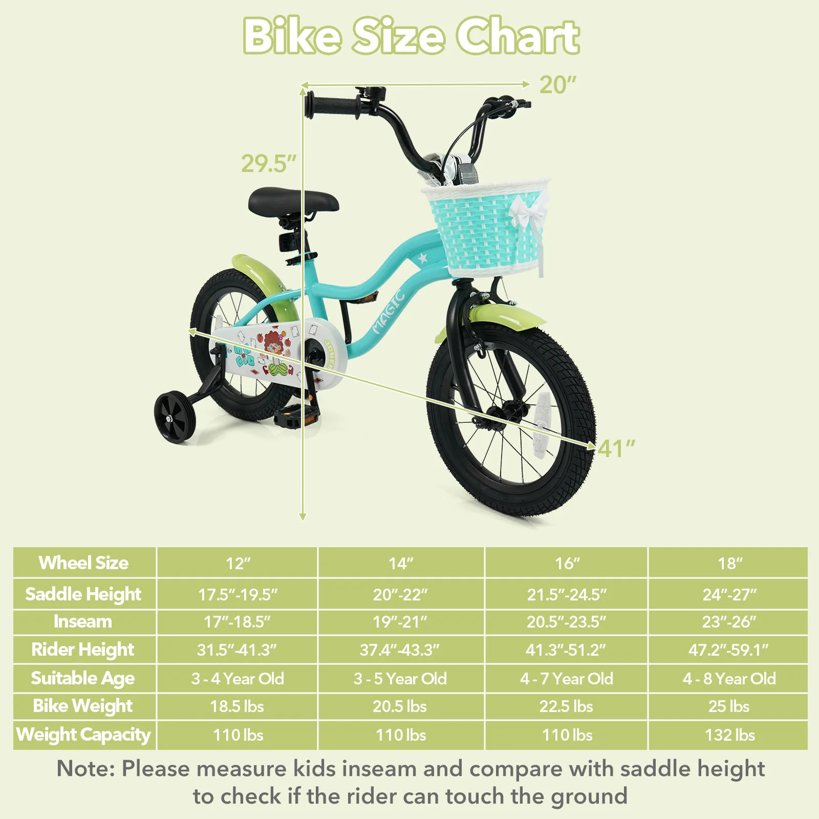 12/14/16 Inch Kids Bike with Training Wheels and Basket Green Color-14 - Image 5