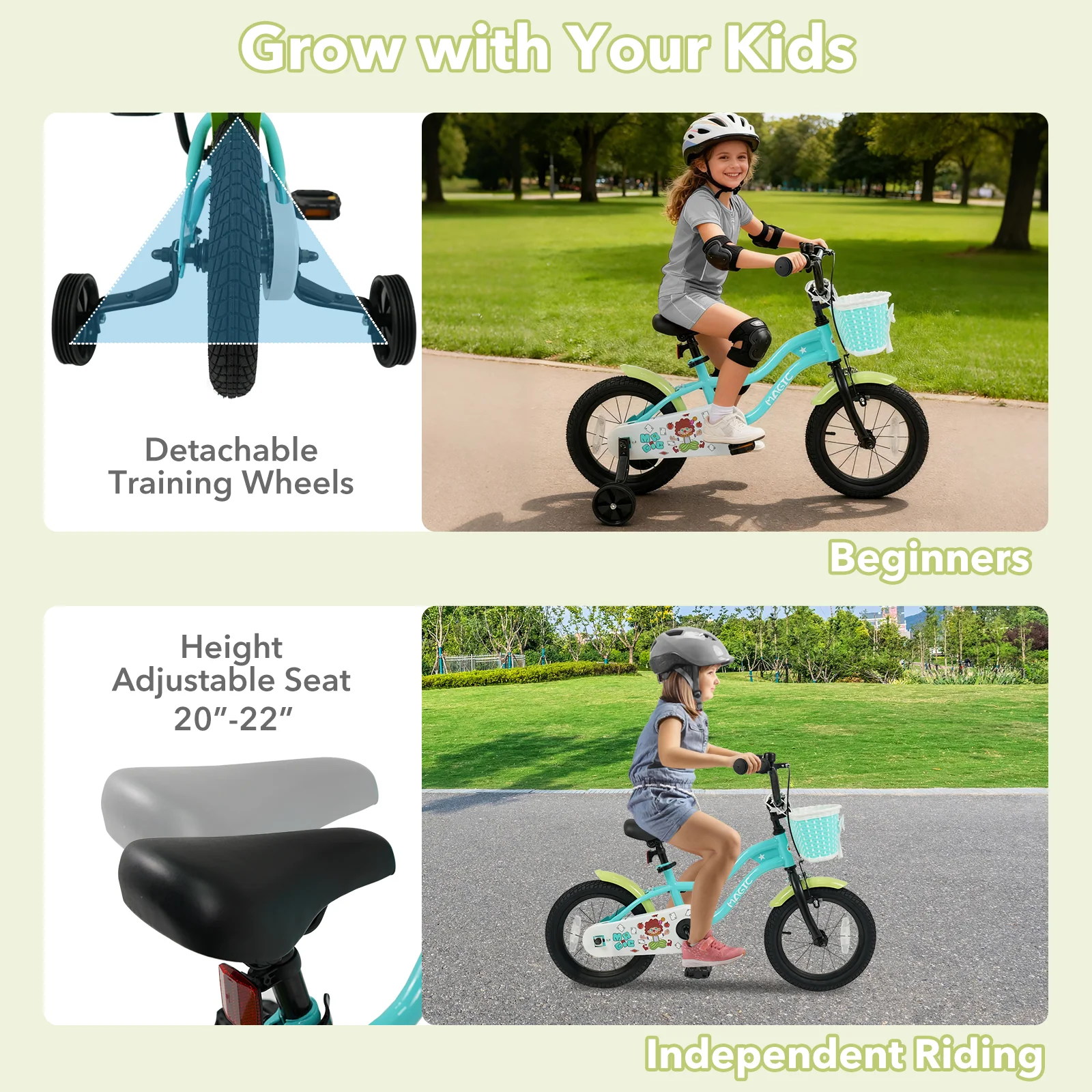 12/14/16 Inch Kids Bike with Training Wheels and Basket Green Color-14 - Image 7