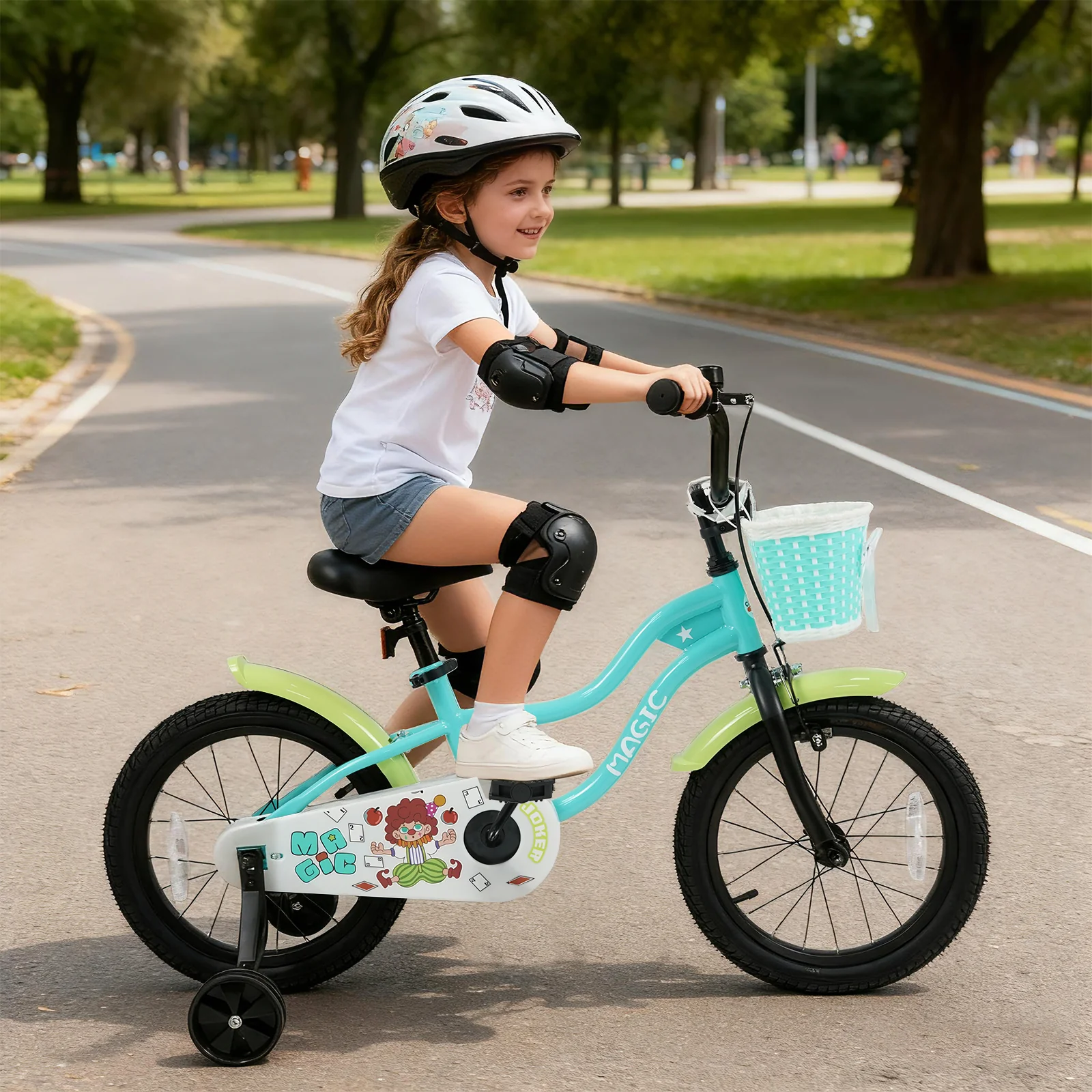 12/14/16 Inch Kids Bike with Training Wheels and Basket Green Color-16 - Image 2