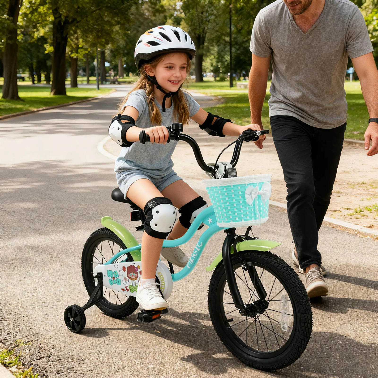12/14/16 Inch Kids Bike with Training Wheels and Basket Green Color-16 - Image 3