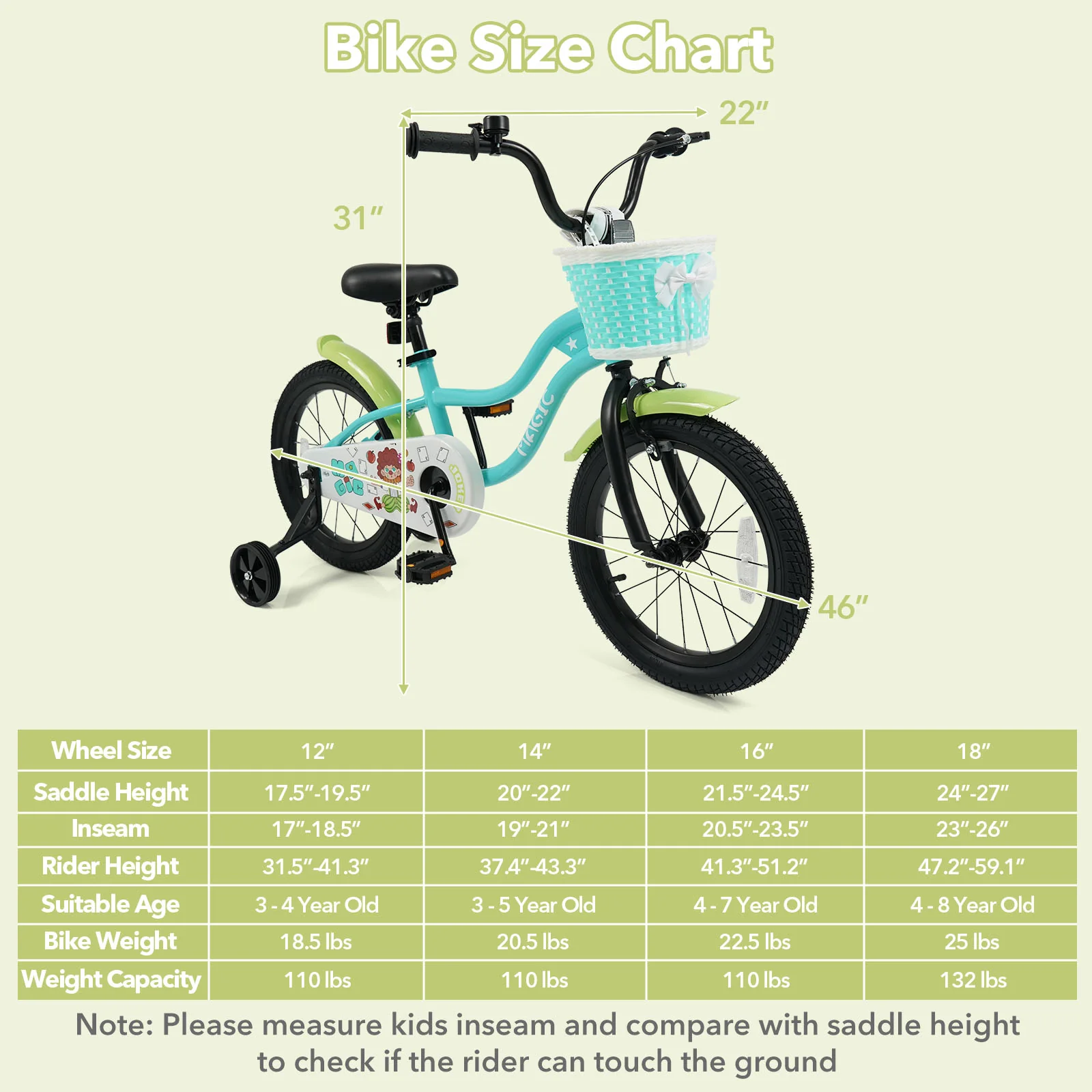 12/14/16 Inch Kids Bike with Training Wheels and Basket Green Color-16 - Image 5
