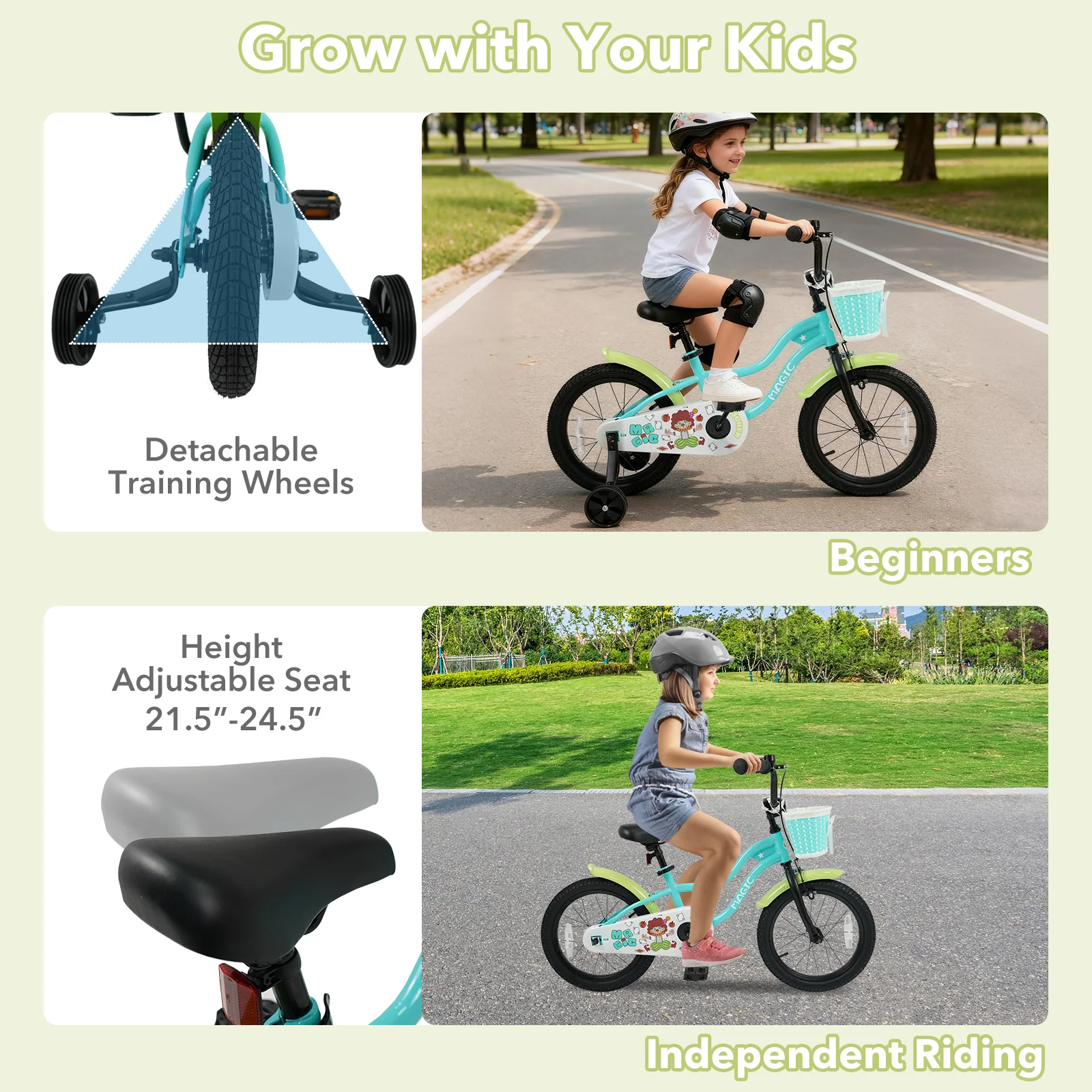 12/14/16 Inch Kids Bike with Training Wheels and Basket Green Color-16 - Image 7