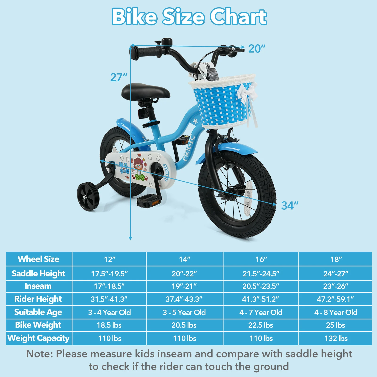 12/14/16 Inch Kids Bike with Training Wheels and Basket Navy Color-12 - Image 5