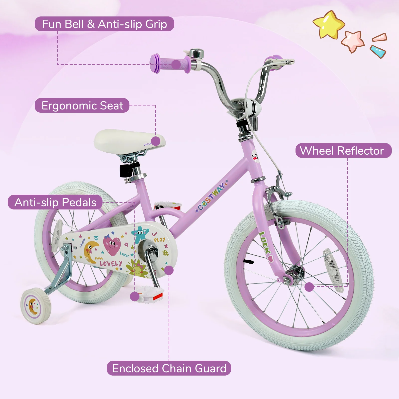 12/14/16/18 Inch Kids Bike Adjustable for 3-8 Years Old Children Purple - Stars & Moon-16 inch, Purple - Image 10