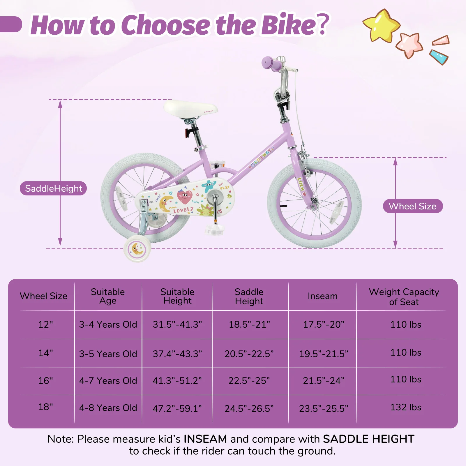 12/14/16/18 Inch Kids Bike Adjustable for 3-8 Years Old Children Purple - Stars & Moon-16 inch, Purple - Image 5