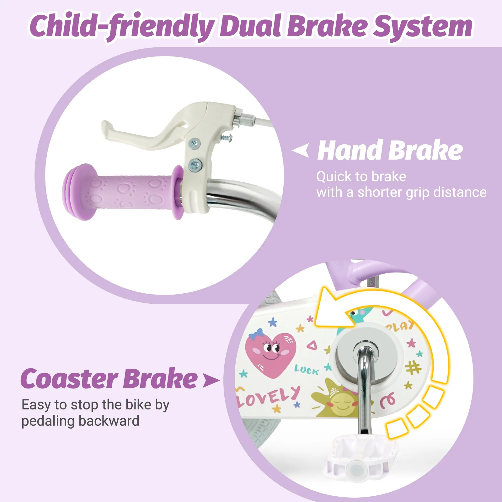 12/14/16/18 Inch Kids Bike Adjustable for 3-8 Years Old Children Purple - Stars & Moon-16 inch, Purple - Image 6