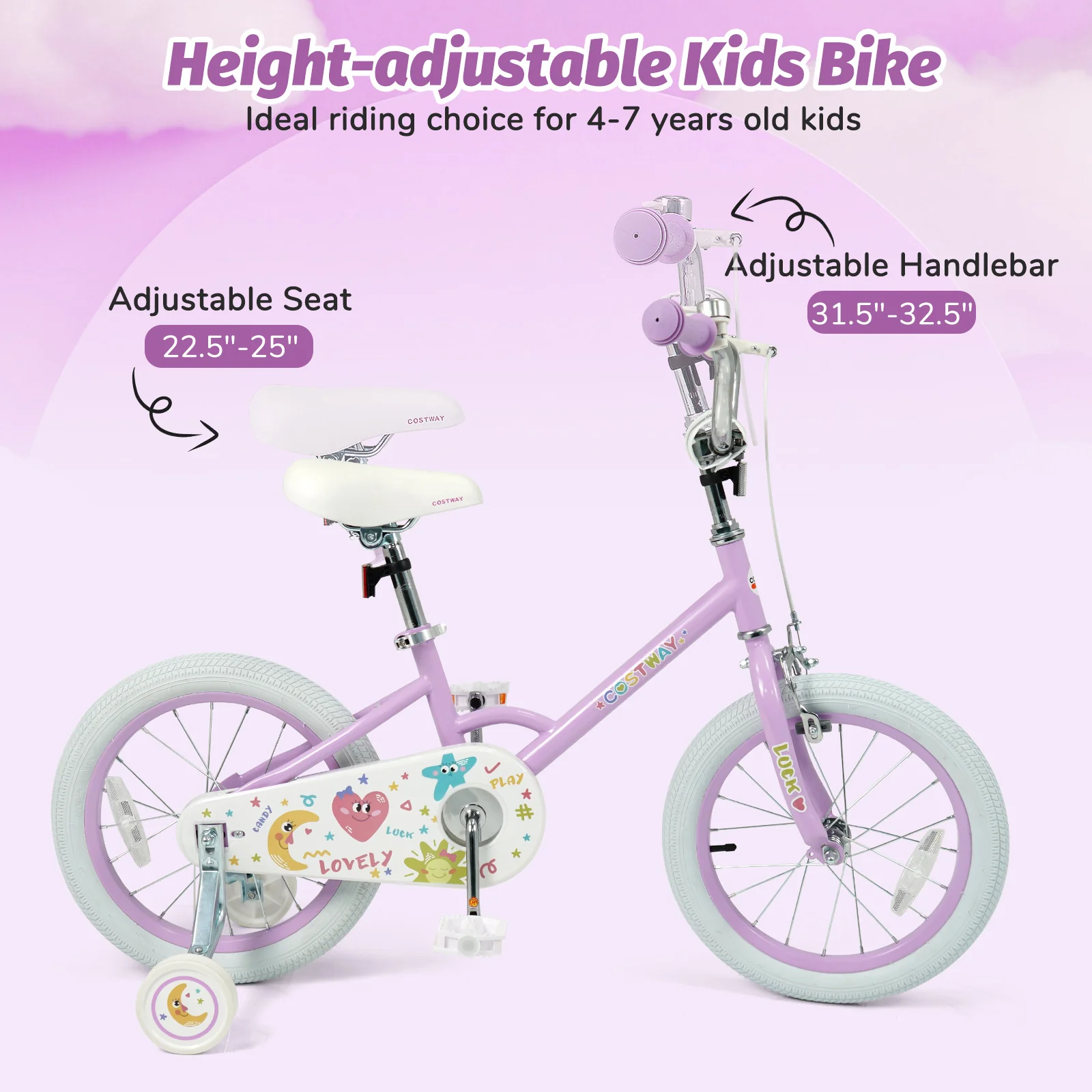 12/14/16/18 Inch Kids Bike Adjustable for 3-8 Years Old Children Purple - Stars & Moon-16 inch, Purple - Image 7