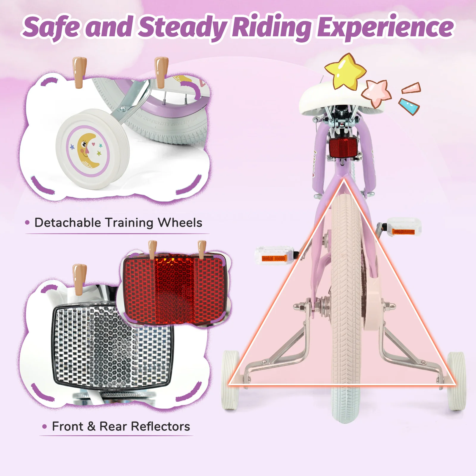 12/14/16/18 Inch Kids Bike Adjustable for 3-8 Years Old Children Purple - Stars & Moon-16 inch, Purple - Image 8