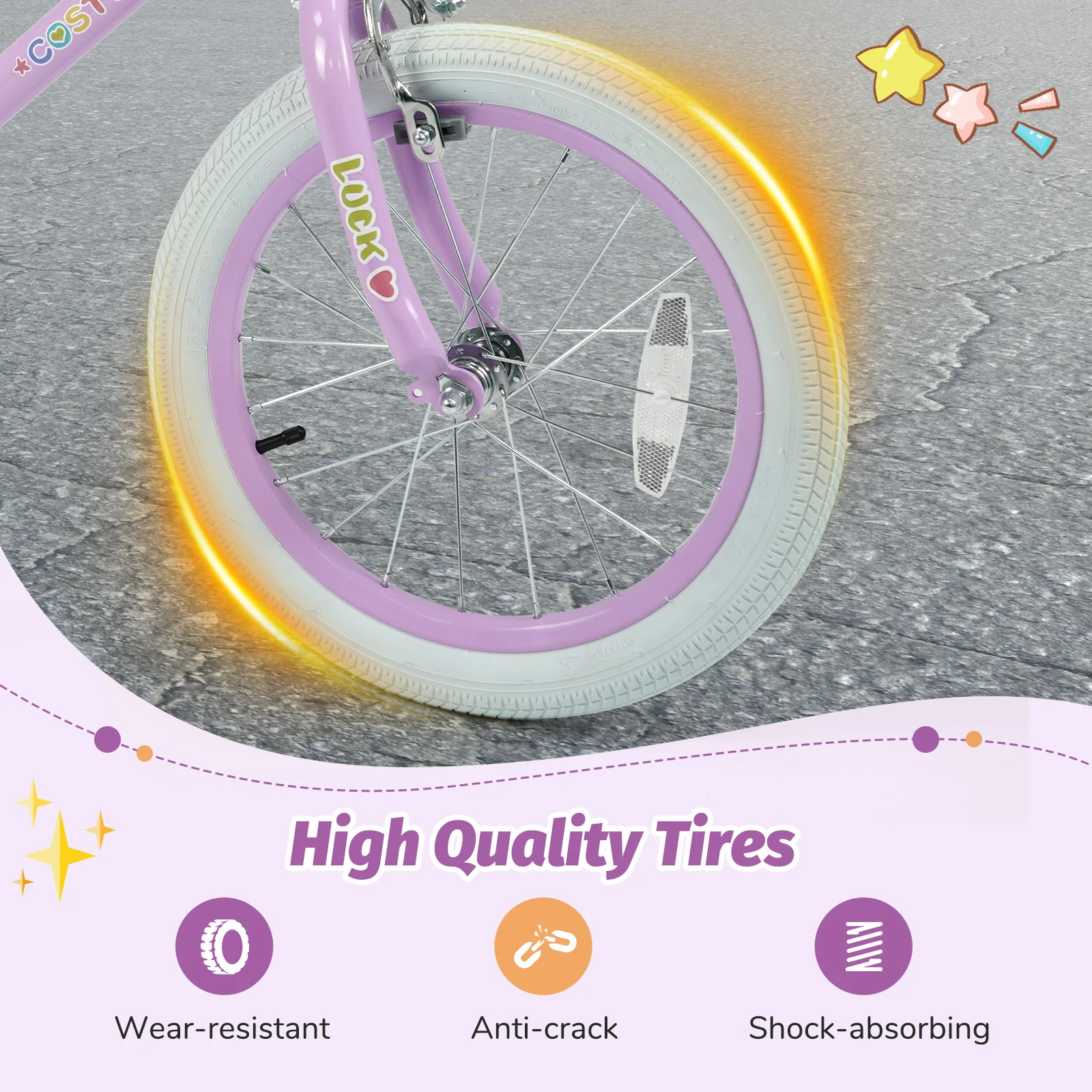 12/14/16/18 Inch Kids Bike Adjustable for 3-8 Years Old Children Purple - Stars & Moon-16 inch, Purple - Image 9