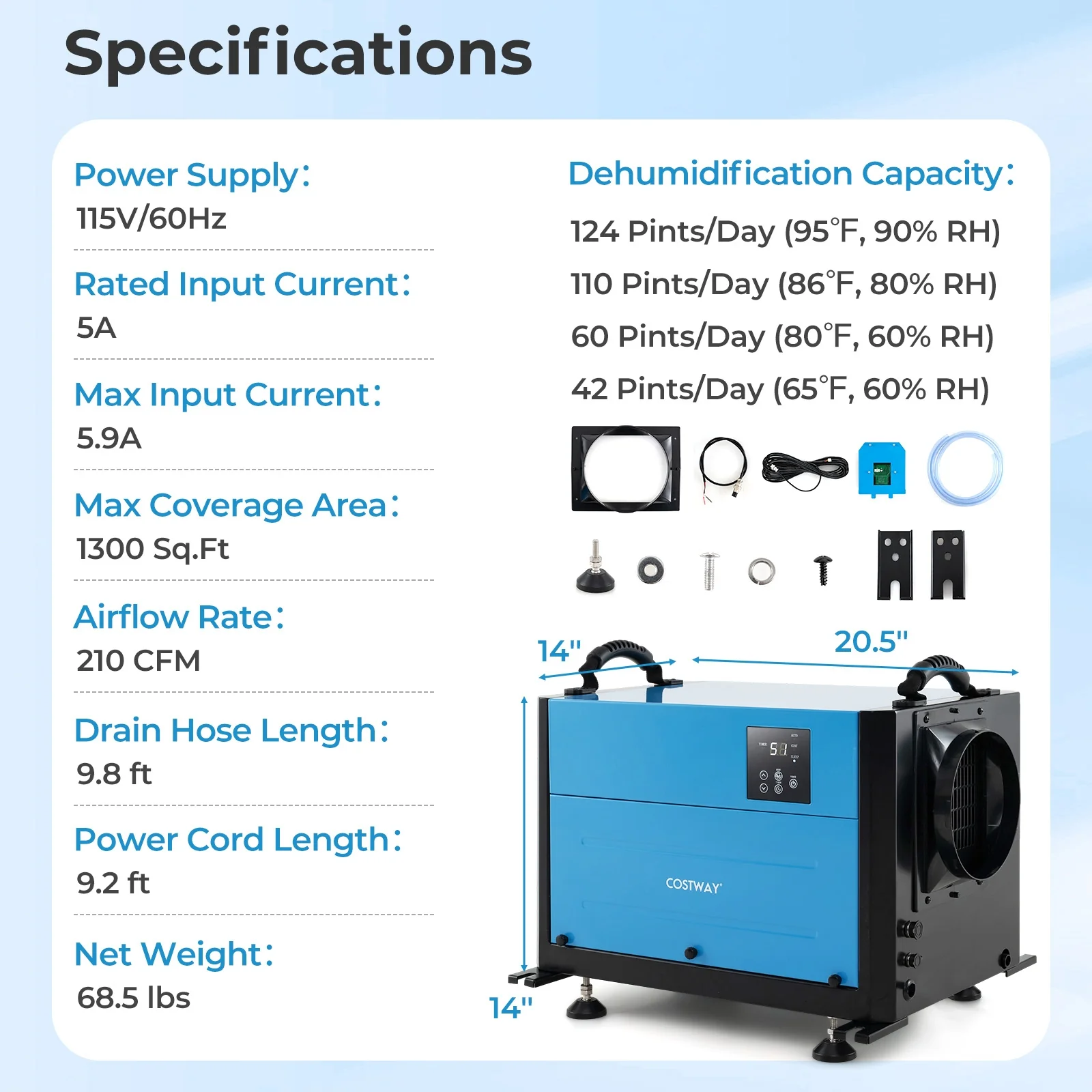 124 Pint Crawl Space Dehumidifier, 3 Modes, 24H Timer, Blue - Image 4
