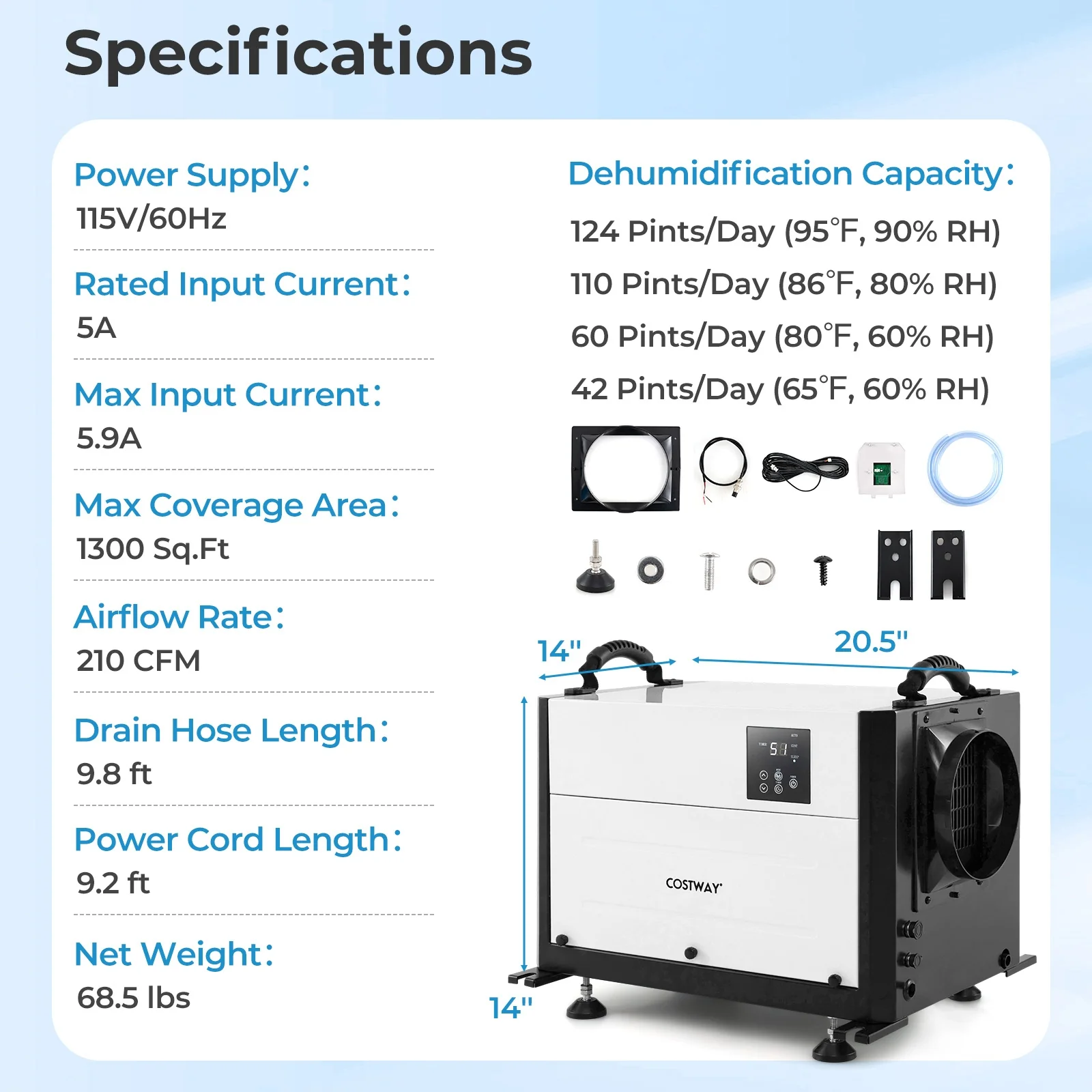 124 Pint Crawl Space Dehumidifier, 3 Modes, 24H Timer, White - Image 4