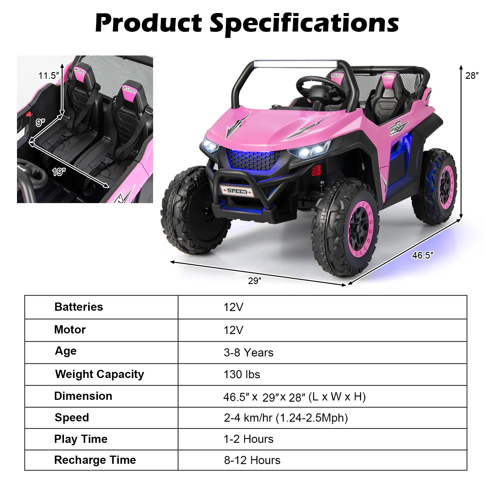 12V 2-Seater Kids Ride On UTV, Slow Start Music, Pink - Image 5