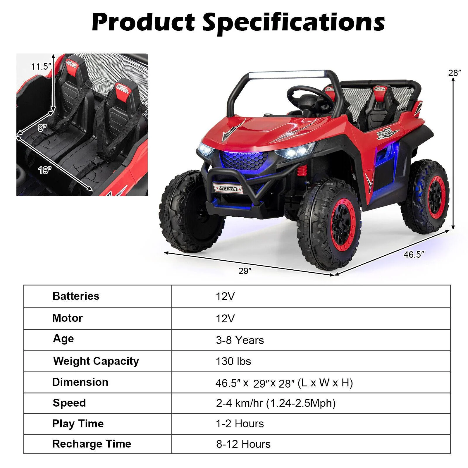 12V 2-Seater Kids Ride On UTV, Slow Start, Music, Red - Image 5