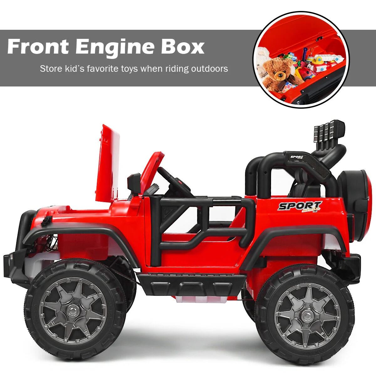 12V 2-Seater Ride On Car Truck, Remote Control, Storage Room, Red - Image 10