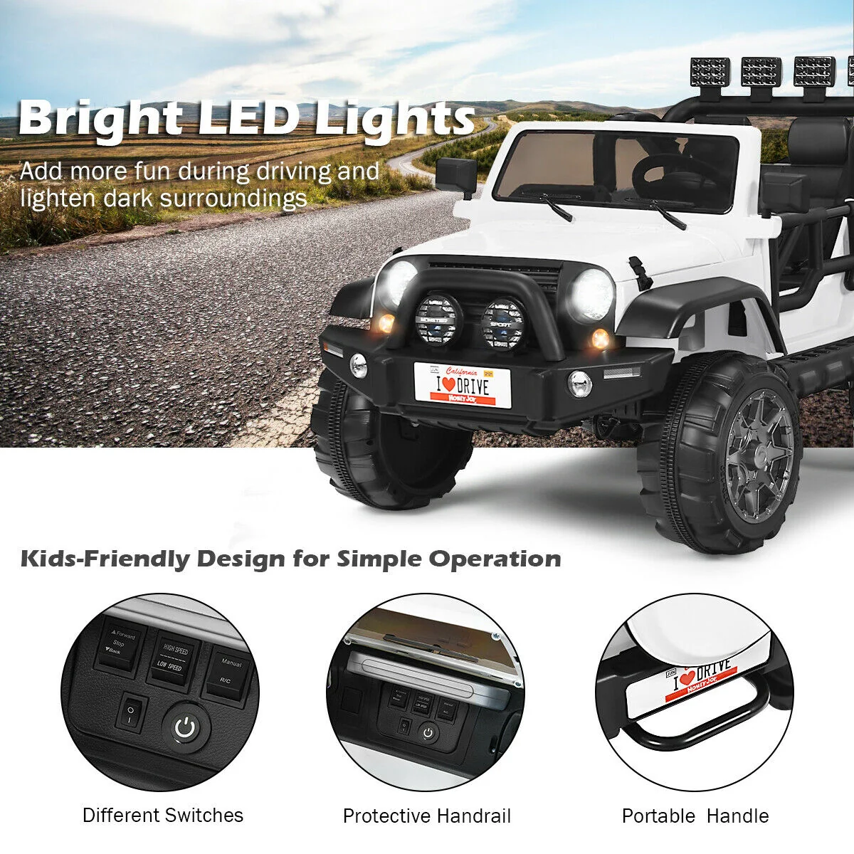 12V 2-Seater Ride On Car Truck With Remote Control, Storage Room, White - Image 8