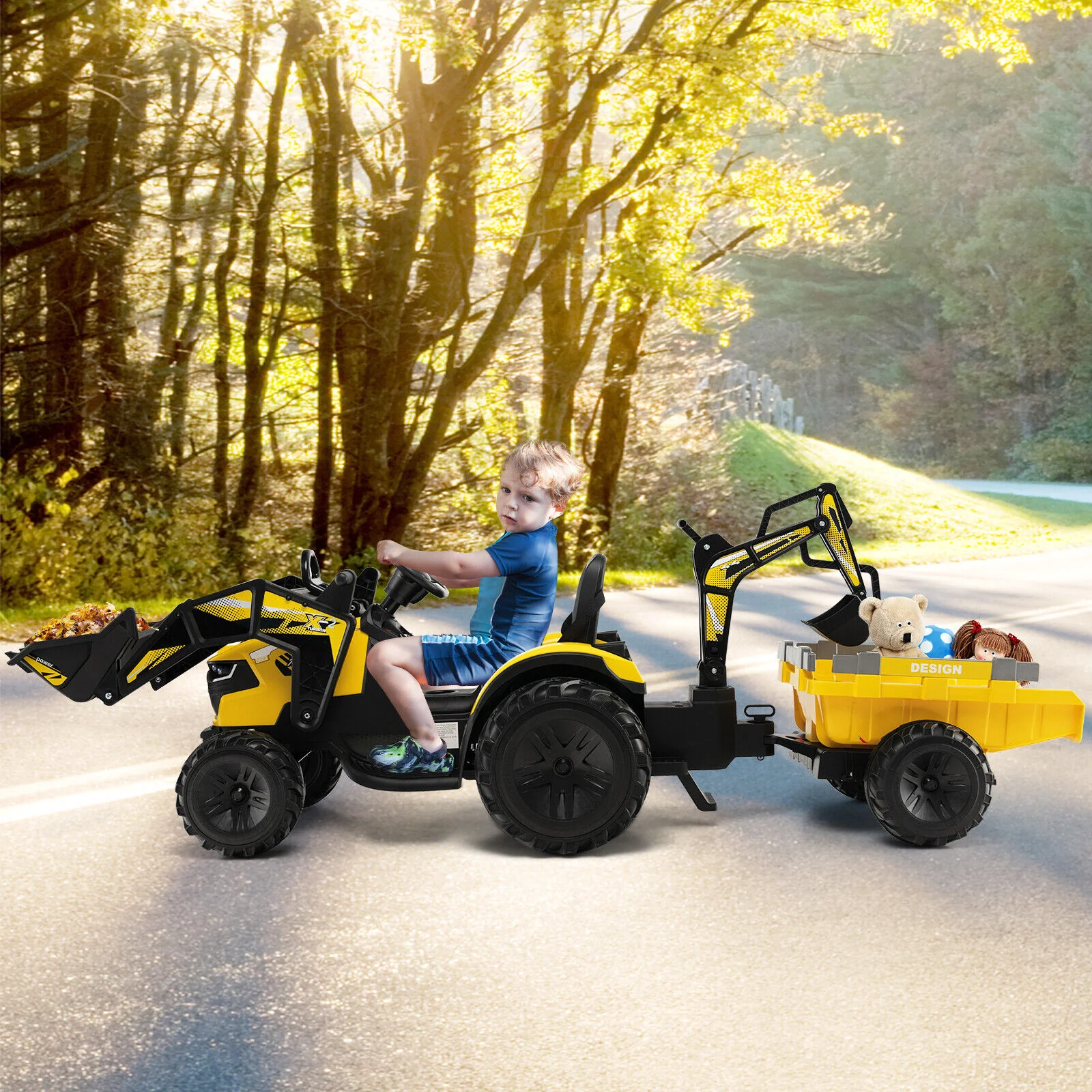 12V 3 In 1 Kids Ride On Excavator, Yellow - Image 2