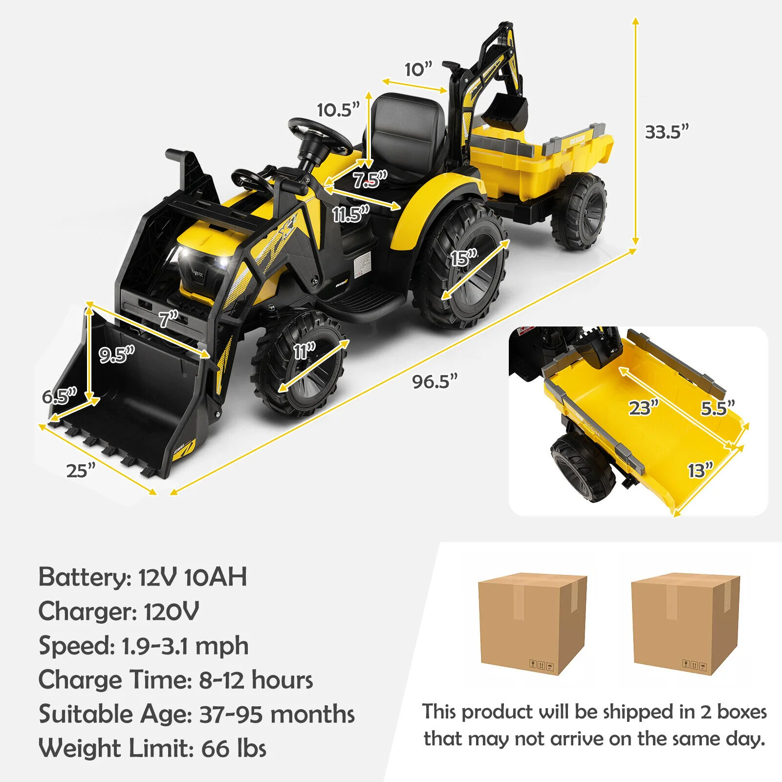 12V 3 In 1 Kids Ride On Excavator, Yellow - Image 5