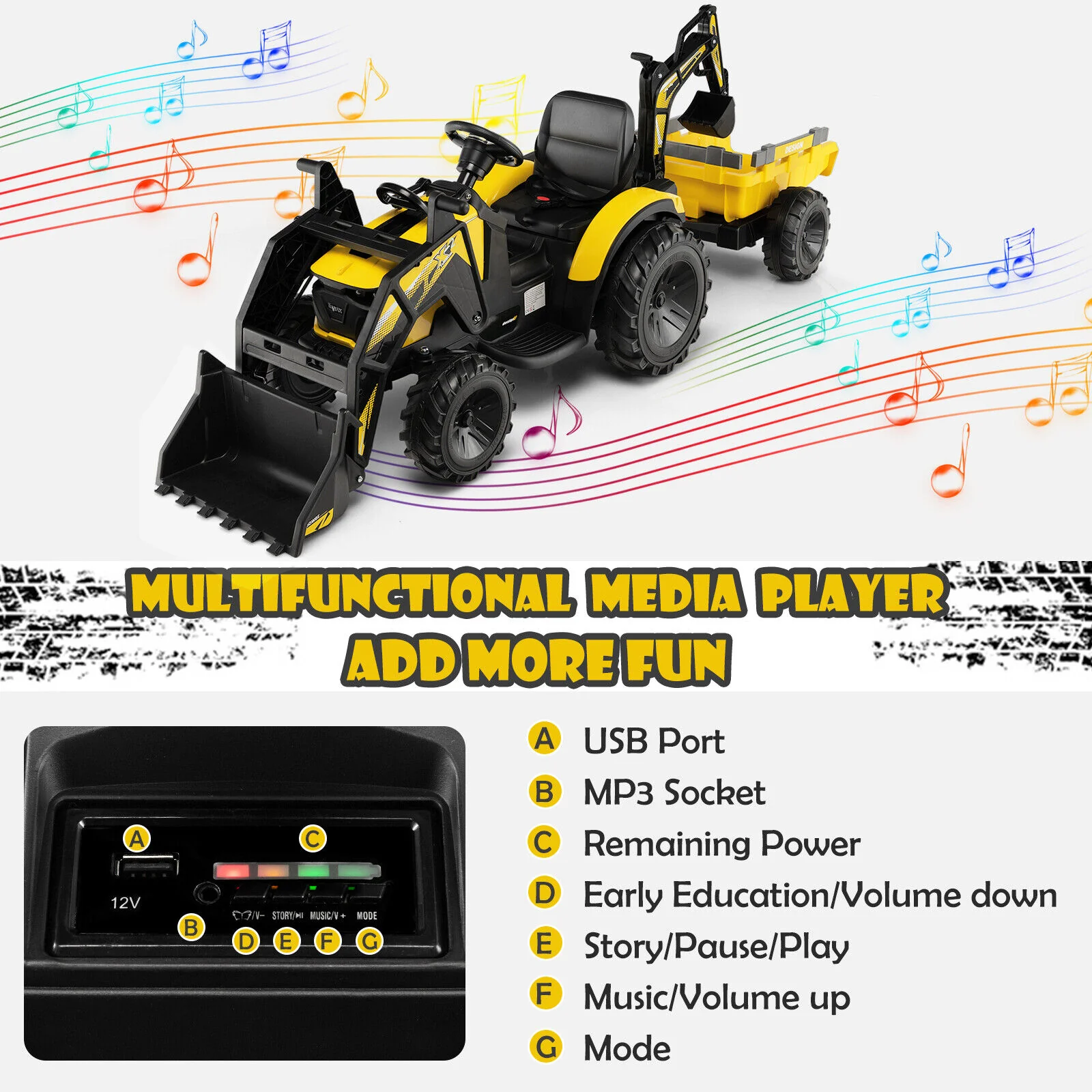 12V 3 In 1 Kids Ride On Excavator, Yellow - Image 6