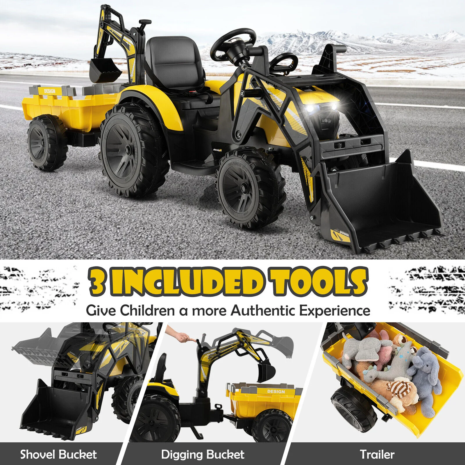 12V 3 In 1 Kids Ride On Excavator, Yellow - Image 7