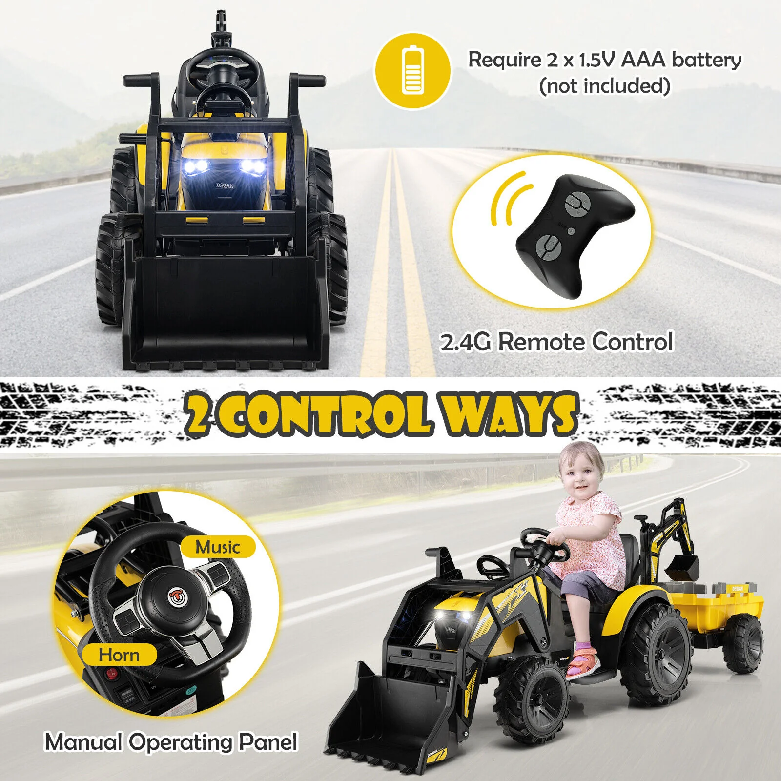 12V 3 In 1 Kids Ride On Excavator, Yellow - Image 9