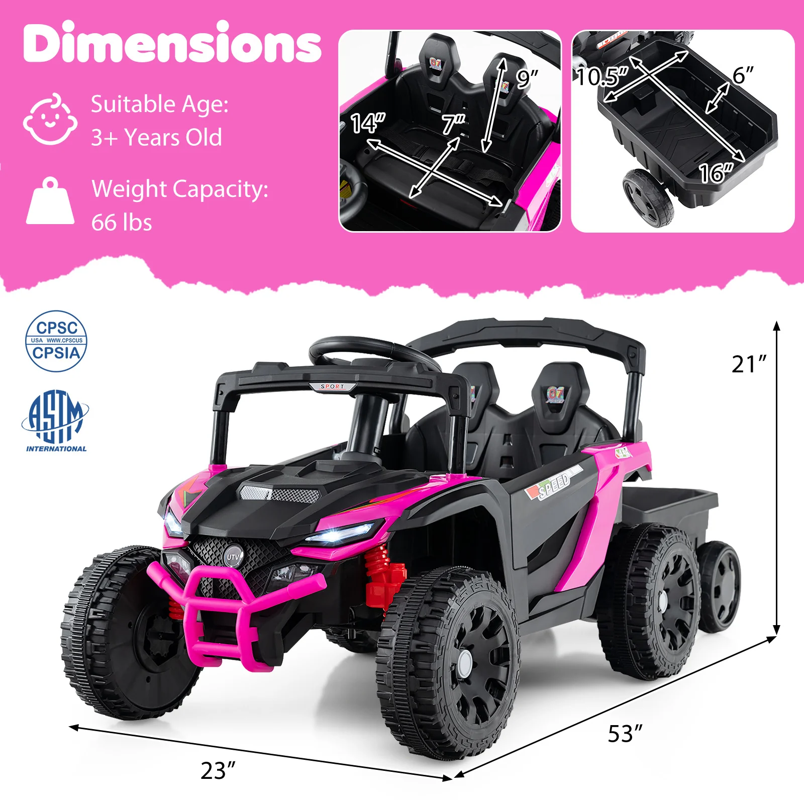 12V Battery Powered Ride On Tractor with Parent Remote Control-MH, Black & Pink - Image 6